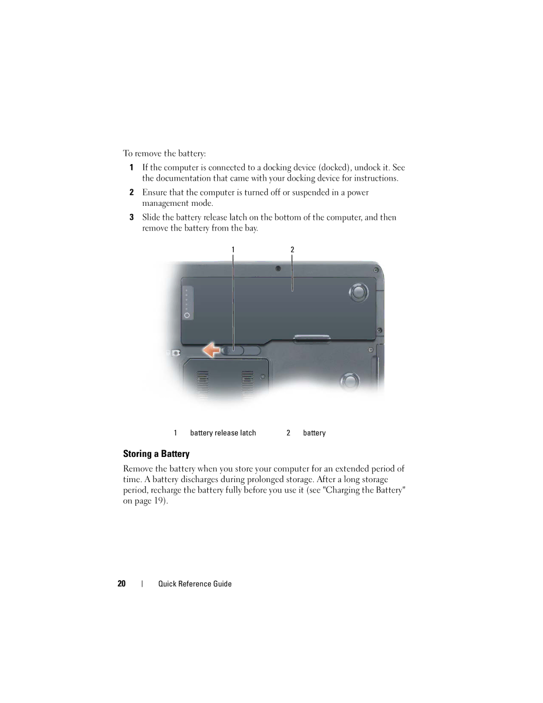 Dell PP05XA manual Storing a Battery, To remove the battery 