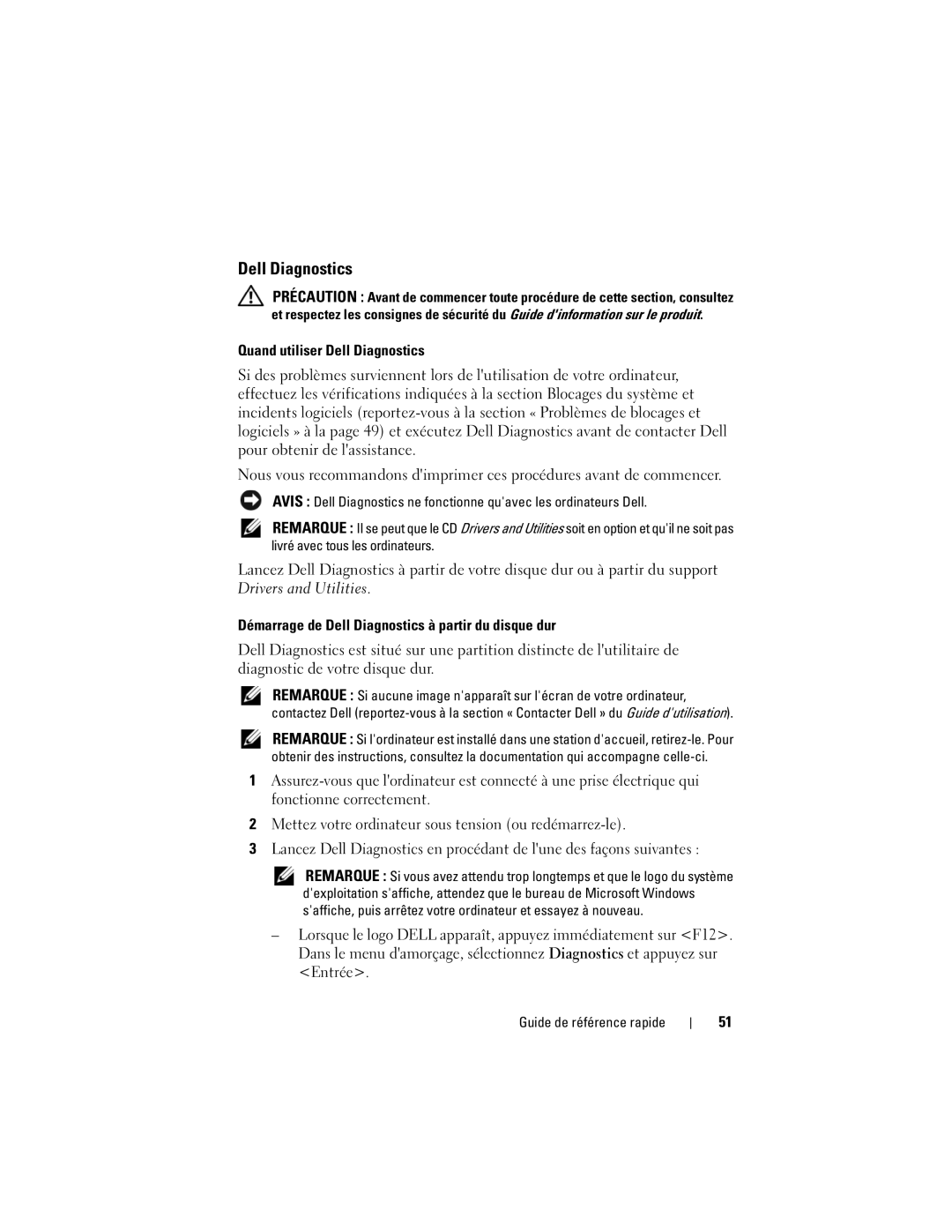 Dell PP05XA manual Quand utiliser Dell Diagnostics, Démarrage de Dell Diagnostics à partir du disque dur 