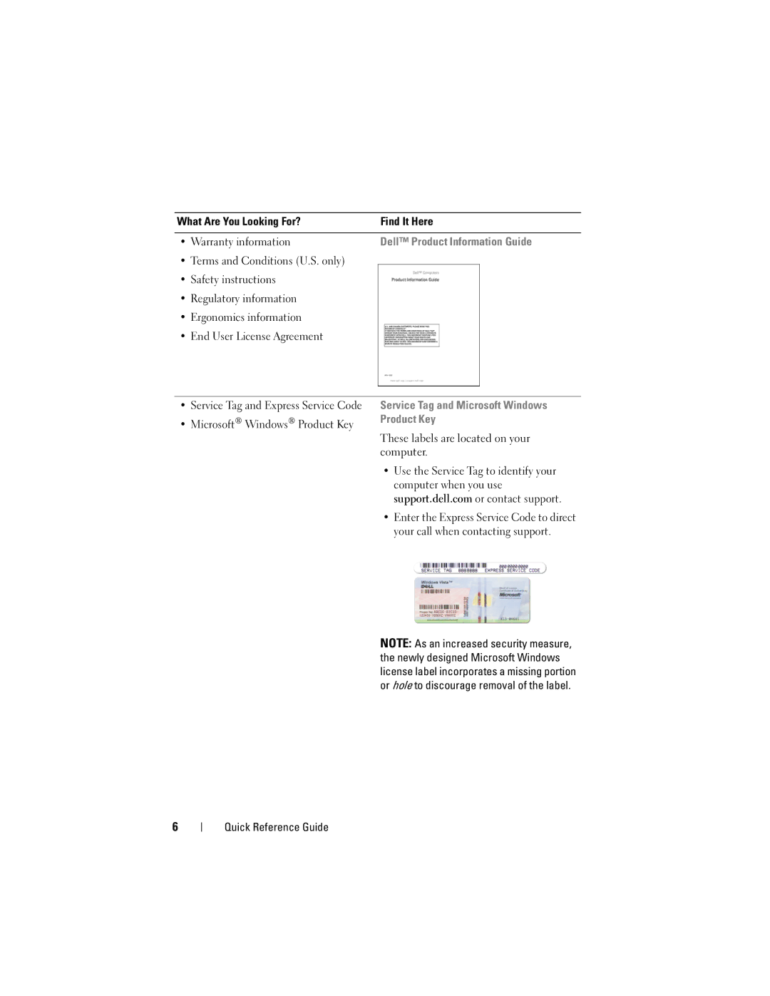 Dell PP05XA manual Dell Product Information Guide, Service Tag and Microsoft Windows, Product Key 