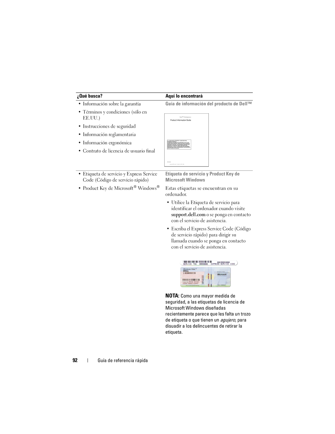 Dell PP05XA manual Etiqueta de servicio y Product Key de Microsoft Windows, Estas etiquetas se encuentran en su ordenador 