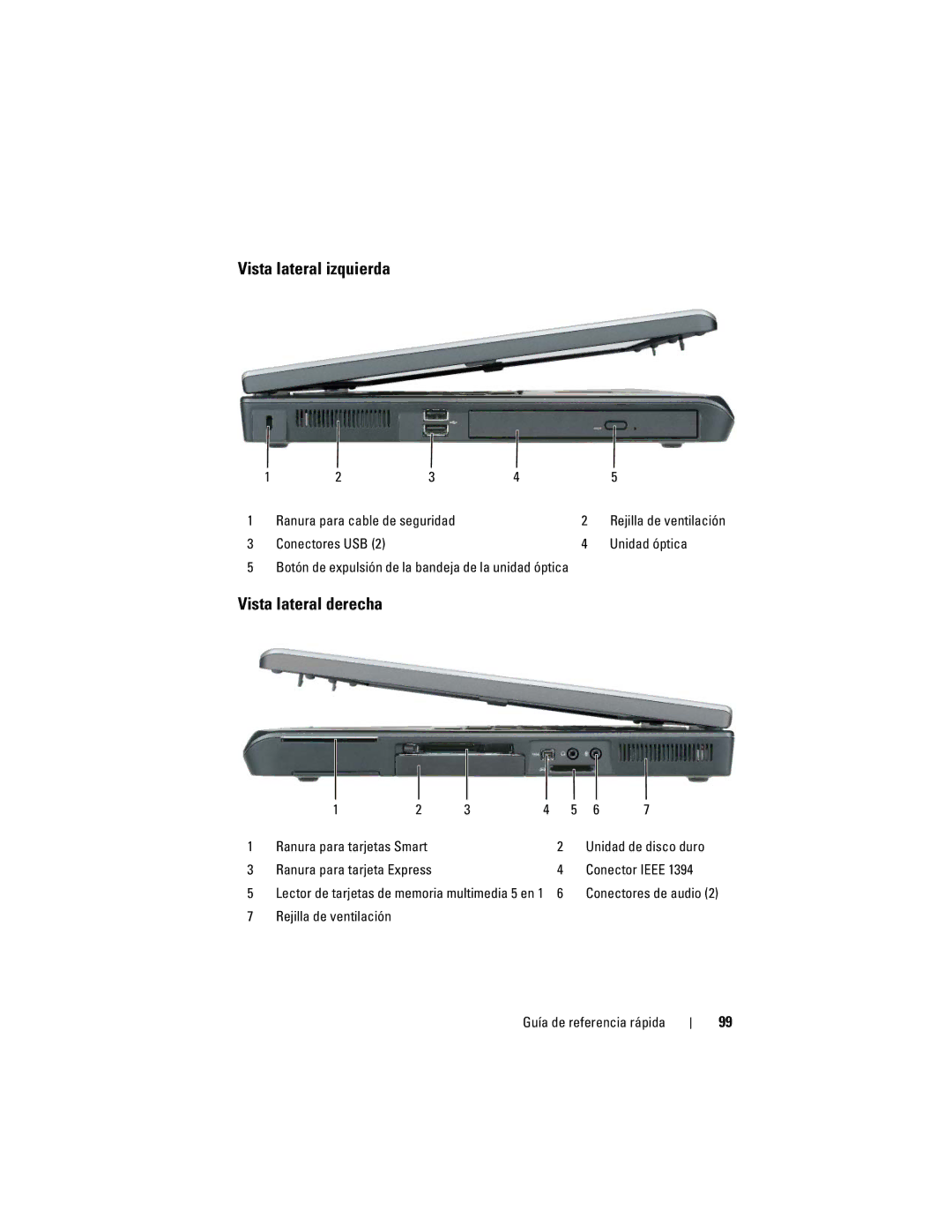 Dell PP05XA Vista lateral izquierda, Vista lateral derecha, Ranura para cable de seguridad, Conectores USB Unidad óptica 