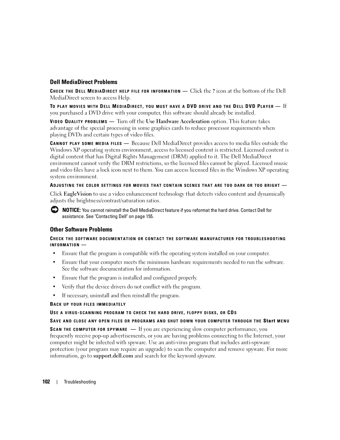 Dell PP05XB, M1710 owner manual Dell MediaDirect Problems, Other Software Problems, MediaDirect screen to access Help, 102 