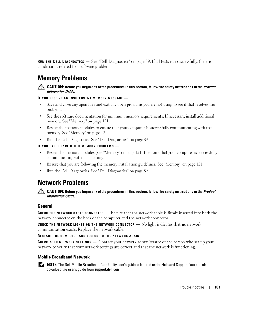 Dell M1710, PP05XB owner manual Memory Problems, Network Problems, General, Mobile Broadband Network 