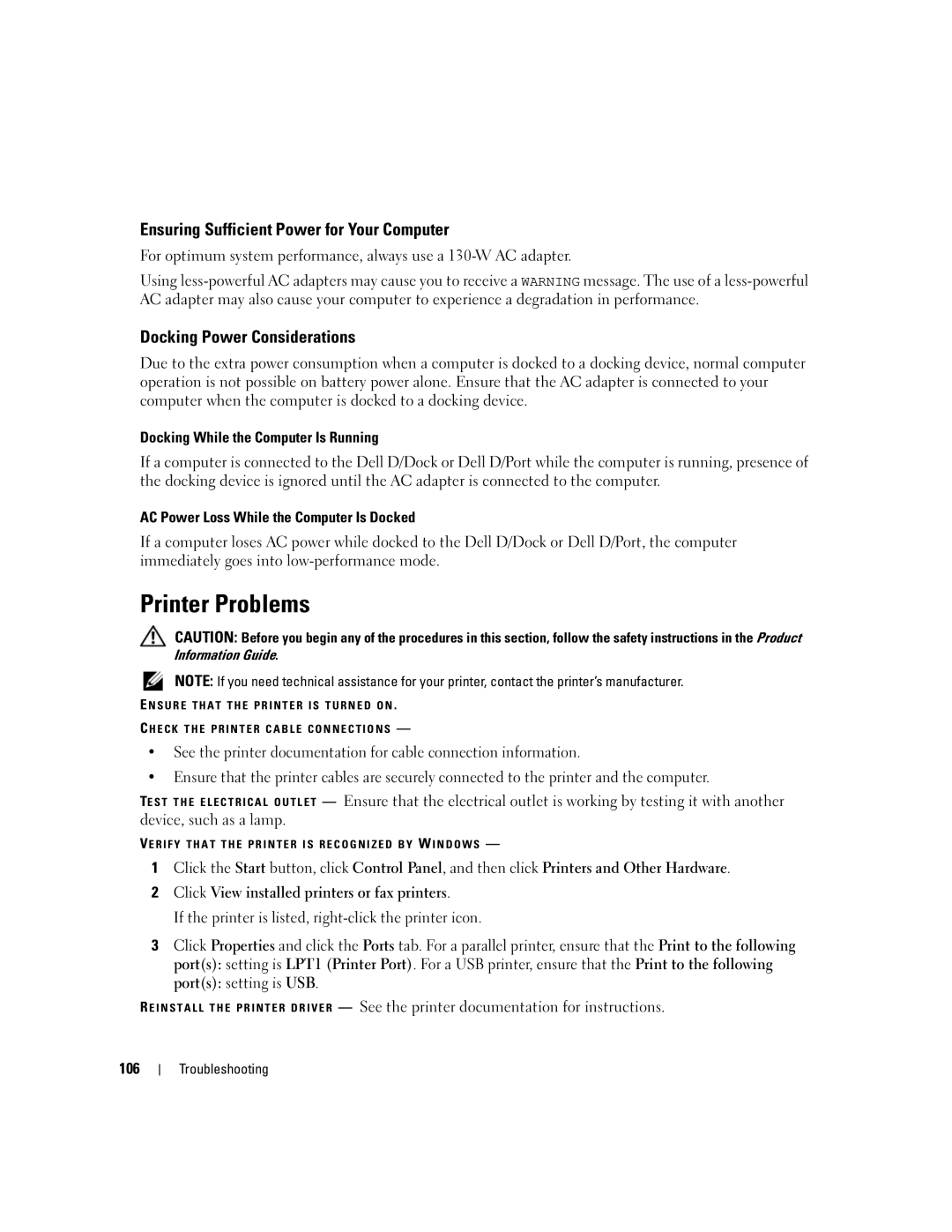 Dell PP05XB, M1710 Printer Problems, Ensuring Sufficient Power for Your Computer, Docking Power Considerations, 106 