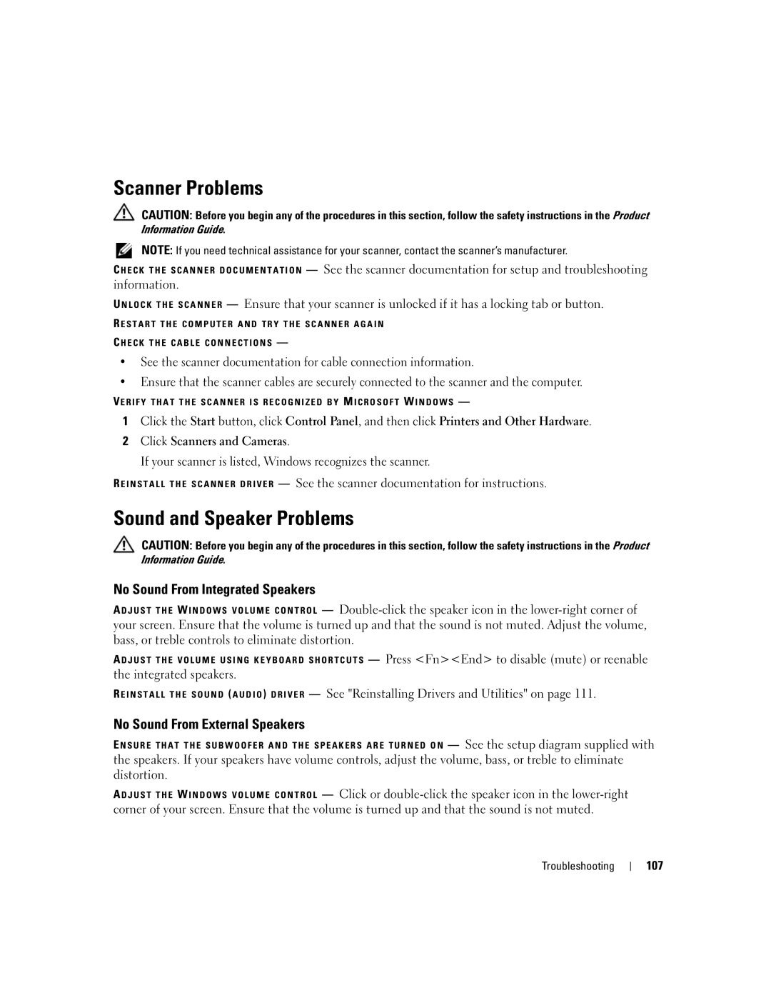 Dell M1710, PP05XB owner manual Scanner Problems, Sound and Speaker Problems, No Sound From Integrated Speakers, 107 