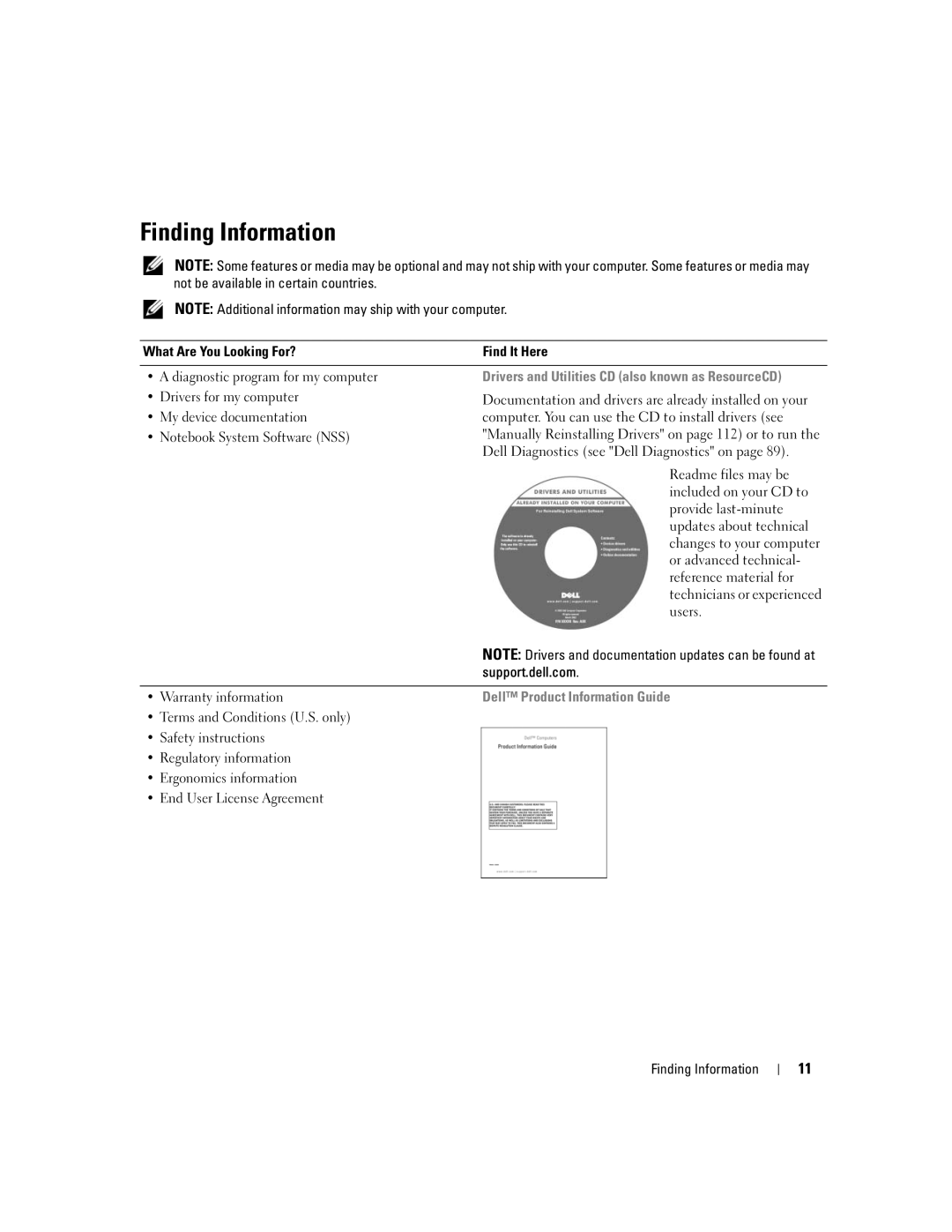 Dell M1710 Finding Information, Drivers for my computer, My device documentation, Support.dell.com, Warranty information 