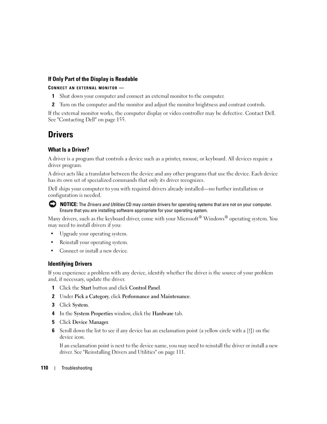 Dell PP05XB, M1710 owner manual If Only Part of the Display is Readable, What Is a Driver?, Identifying Drivers 