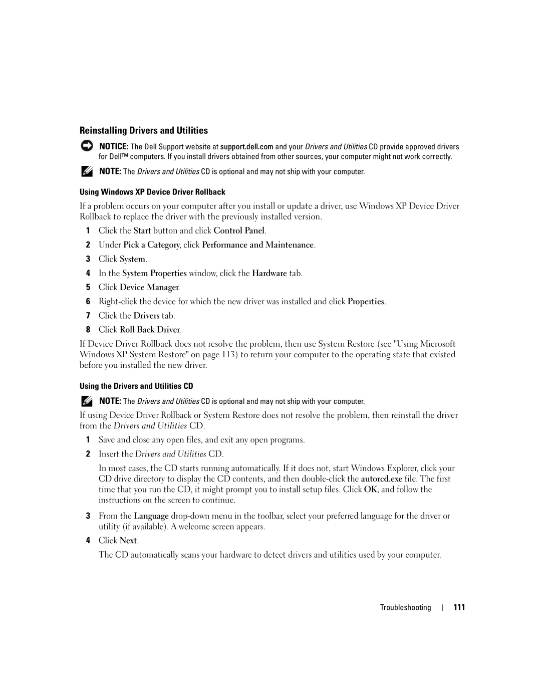 Dell M1710, PP05XB owner manual Reinstalling Drivers and Utilities, 111 