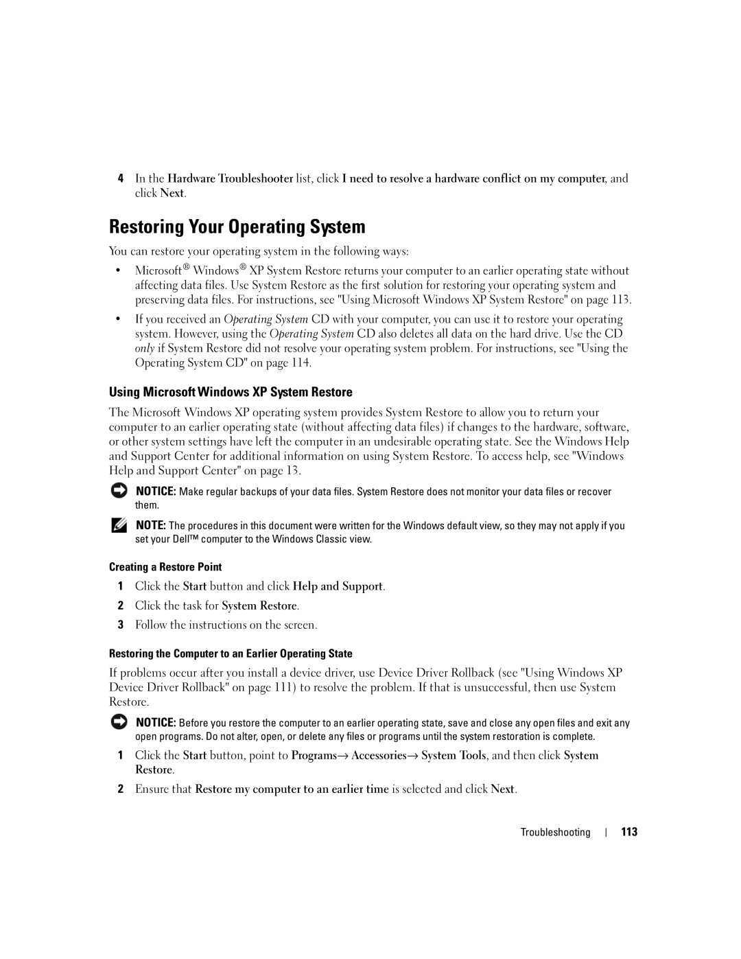 Dell M1710, PP05XB owner manual Restoring Your Operating System, Using Microsoft Windows XP System Restore, 113 