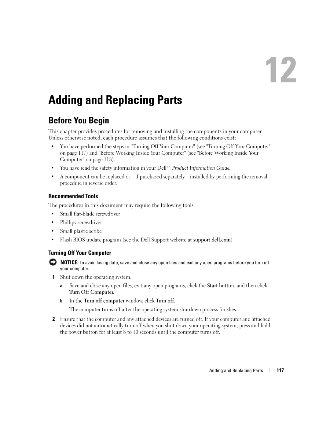 Dell M1710, PP05XB owner manual Adding and Replacing Parts, Before You Begin, Recommended Tools, Turning Off Your Computer 