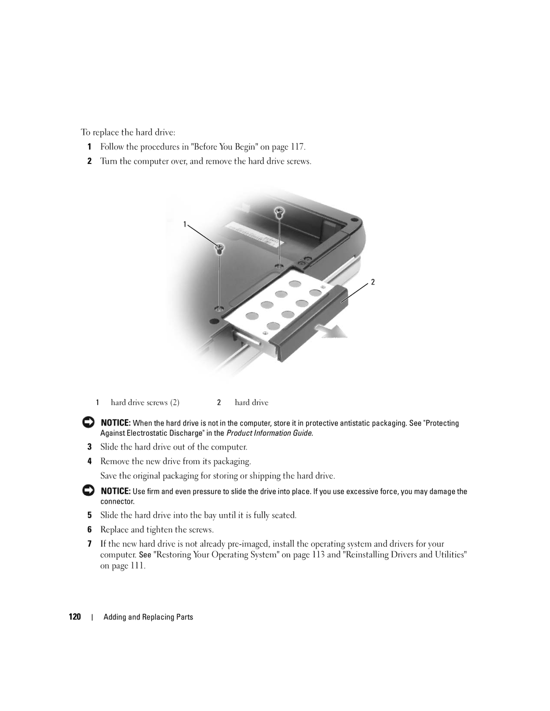 Dell PP05XB, M1710 owner manual To replace the hard drive, 120 