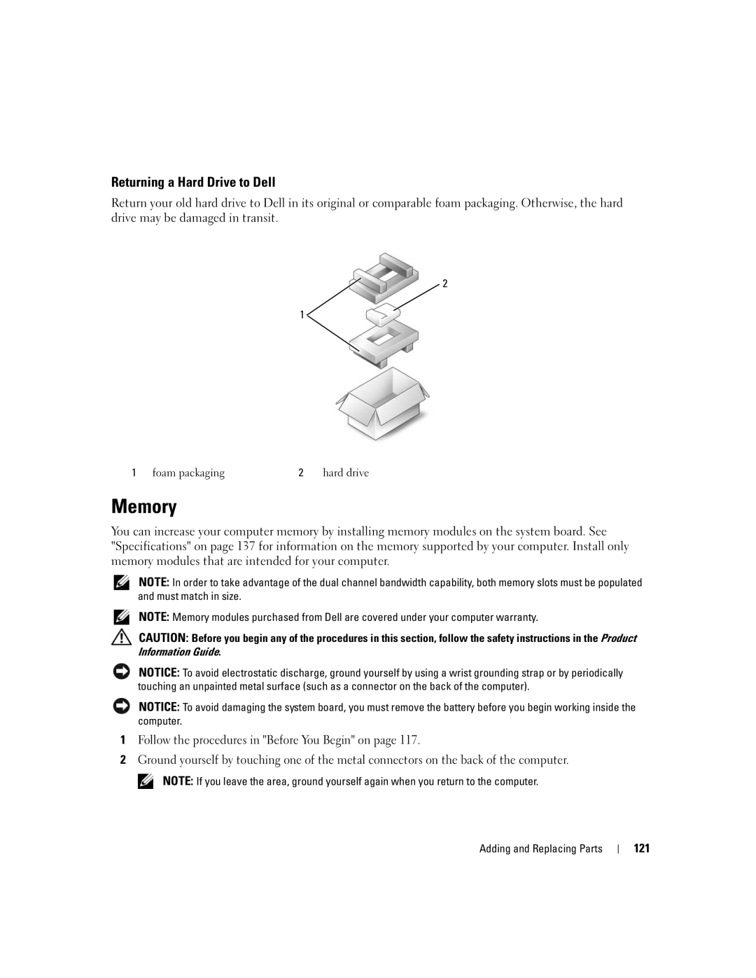 Dell M1710, PP05XB owner manual Memory, Returning a Hard Drive to Dell, 121 