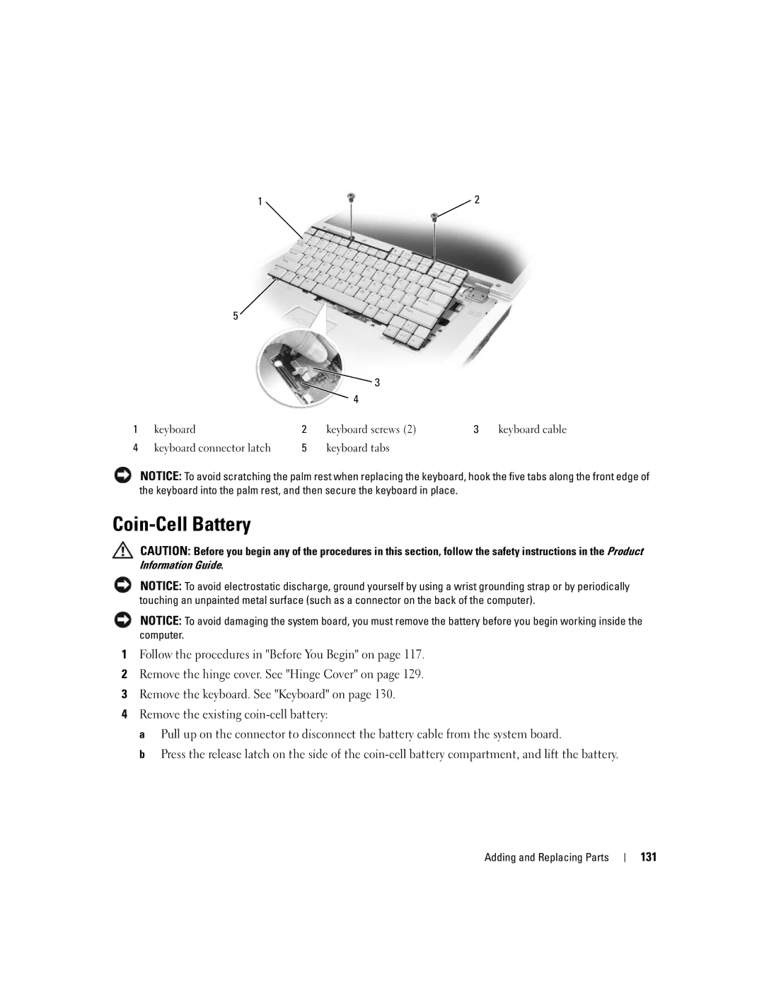 Dell M1710, PP05XB owner manual Coin-Cell Battery, 131 