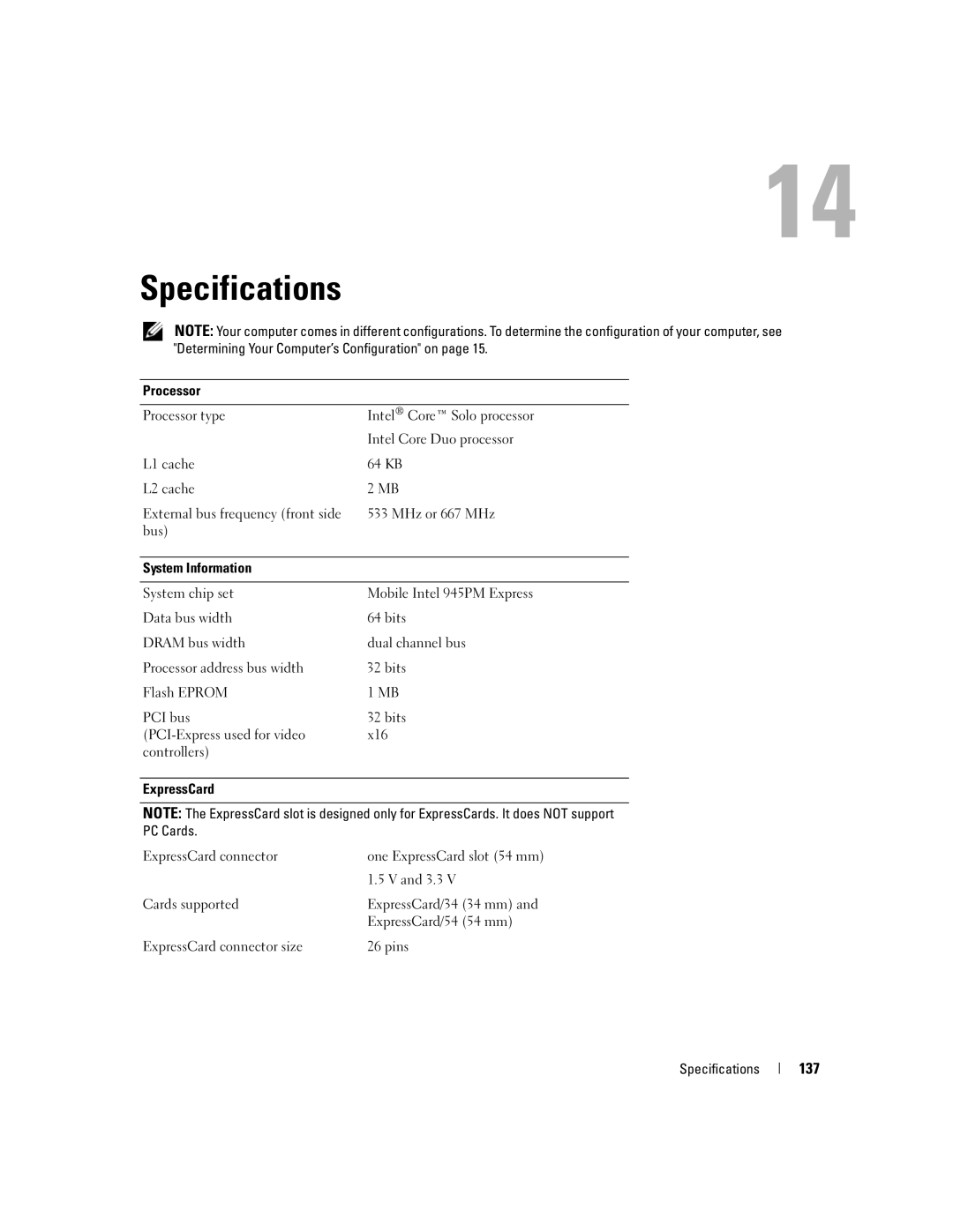 Dell M1710, PP05XB owner manual Specifications, 137 