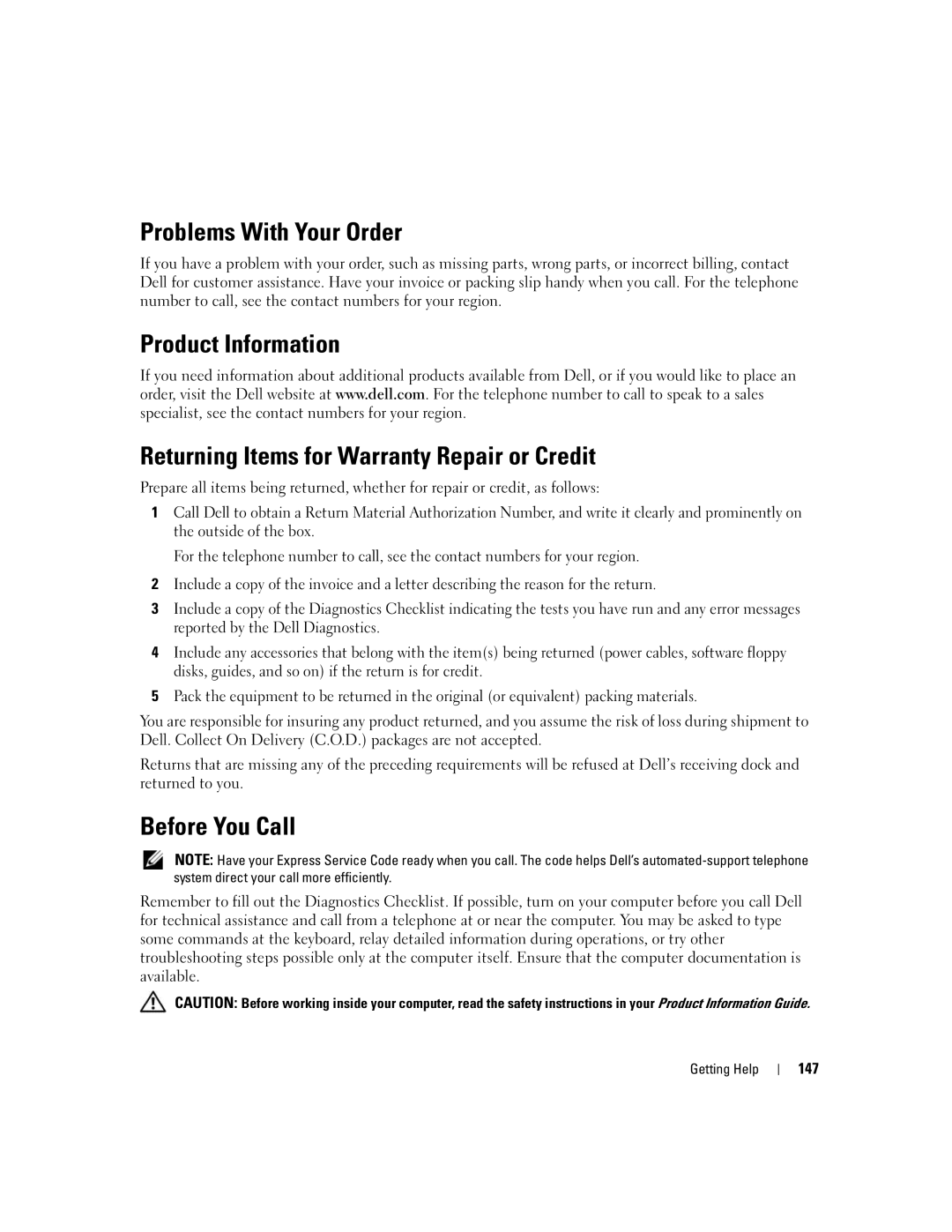 Dell M1710, PP05XB owner manual Problems With Your Order, Before You Call, 147 