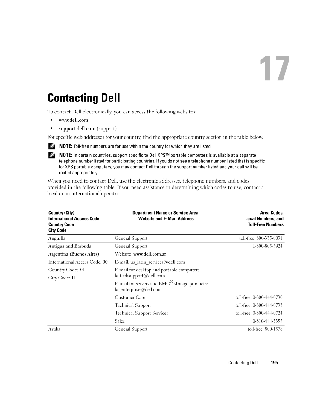 Dell M1710, PP05XB owner manual Contacting Dell, 155, Toll-free 