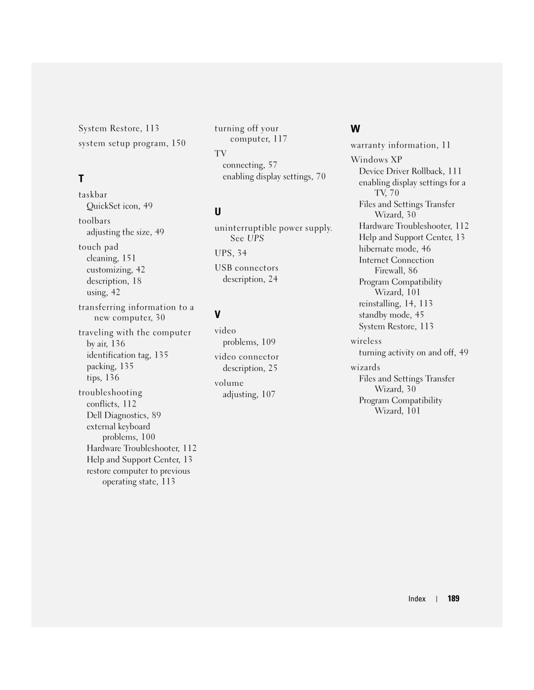 Dell M1710, PP05XB owner manual 189, Device Driver Rollback, 111 enabling display settings for a 