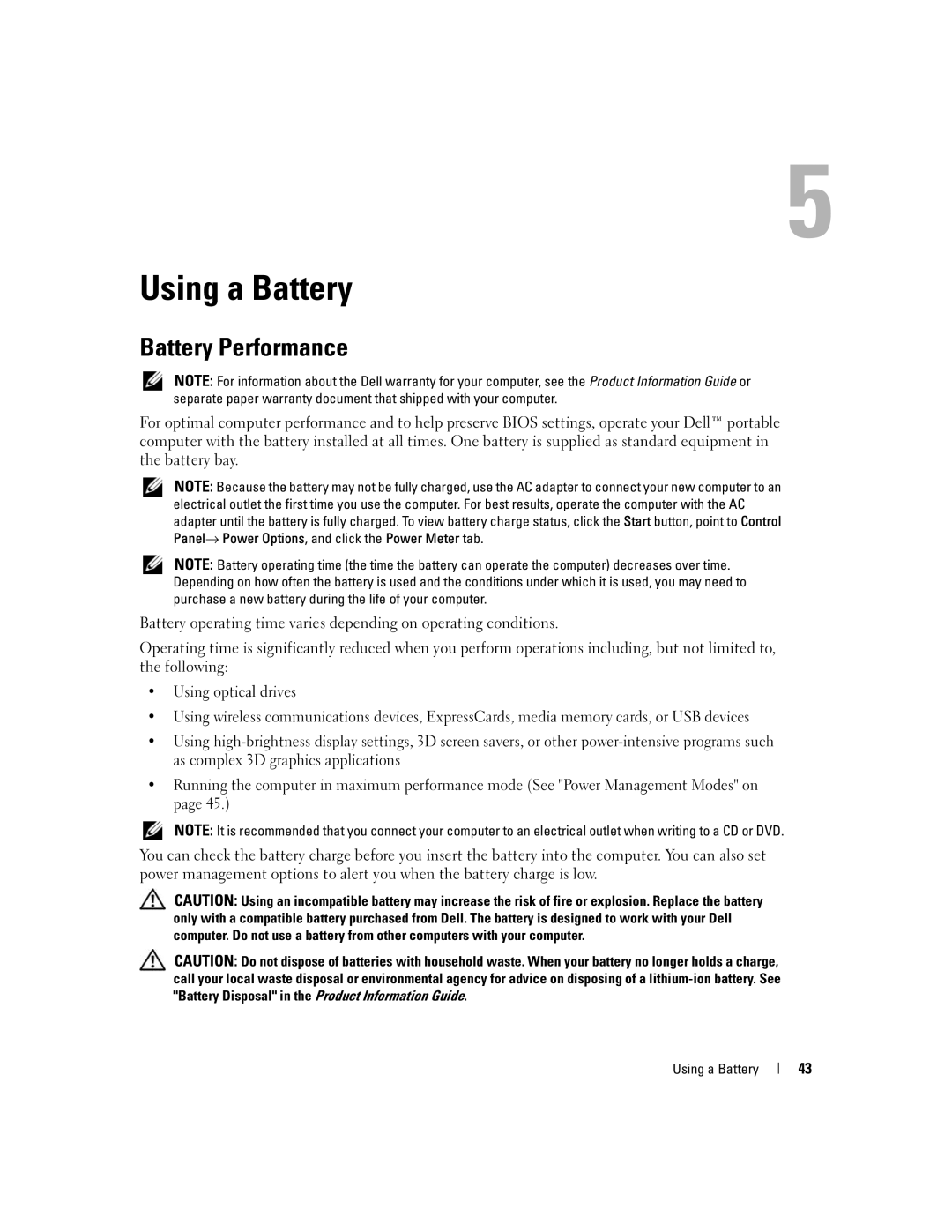 Dell M1710, PP05XB owner manual Using a Battery, Battery Performance 