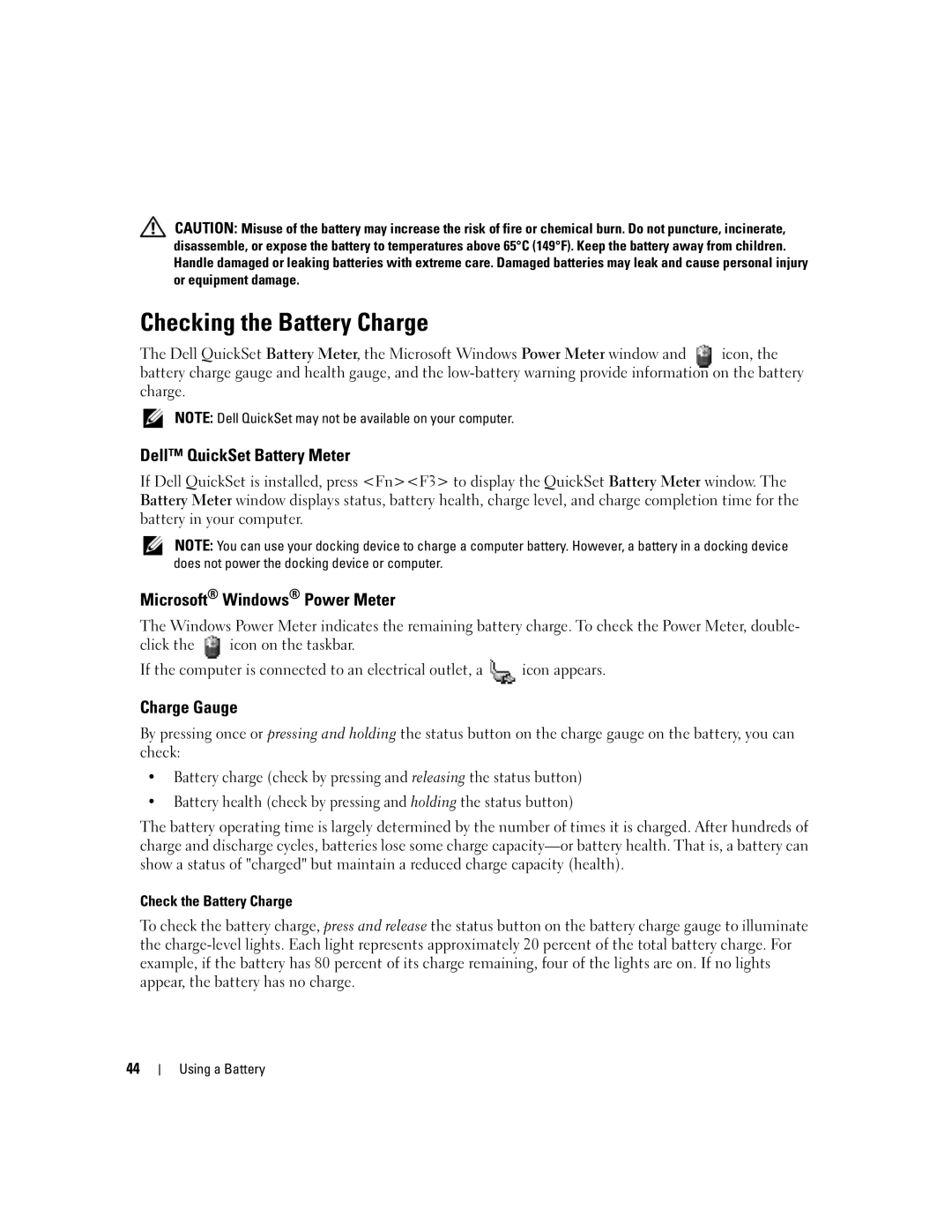 Dell PP05XB, M1710 Checking the Battery Charge, Dell QuickSet Battery Meter, Microsoft Windows Power Meter, Charge Gauge 