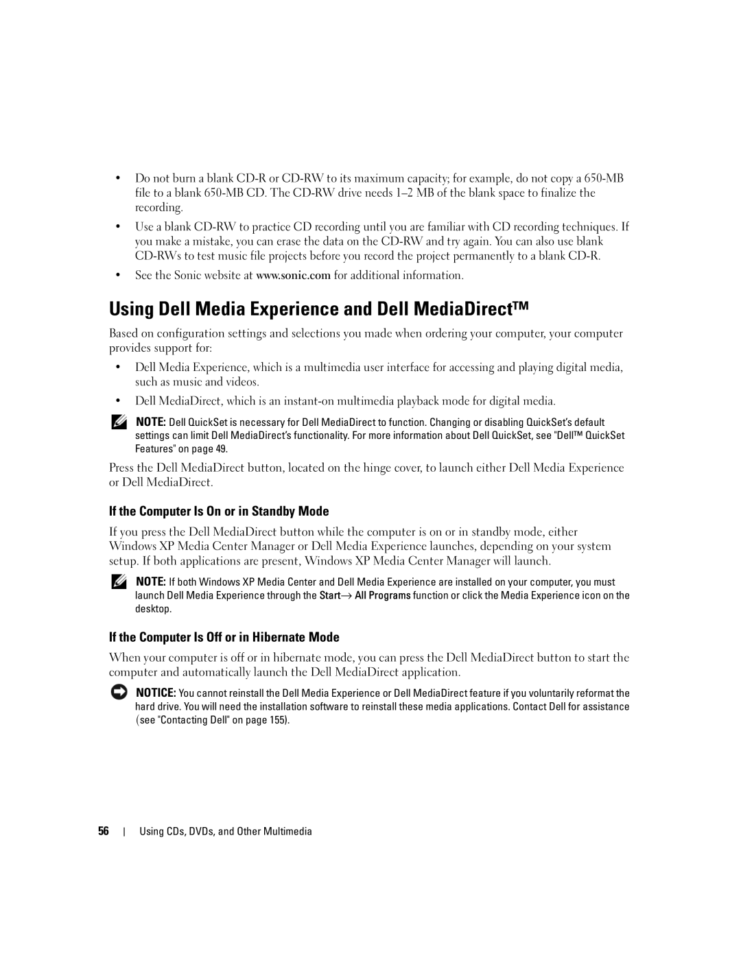 Dell PP05XB, M1710 owner manual Using Dell Media Experience and Dell MediaDirect, If the Computer Is On or in Standby Mode 