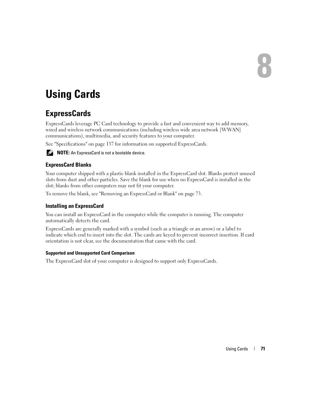 Dell M1710, PP05XB owner manual Using Cards, ExpressCards, ExpressCard Blanks, Installing an ExpressCard 