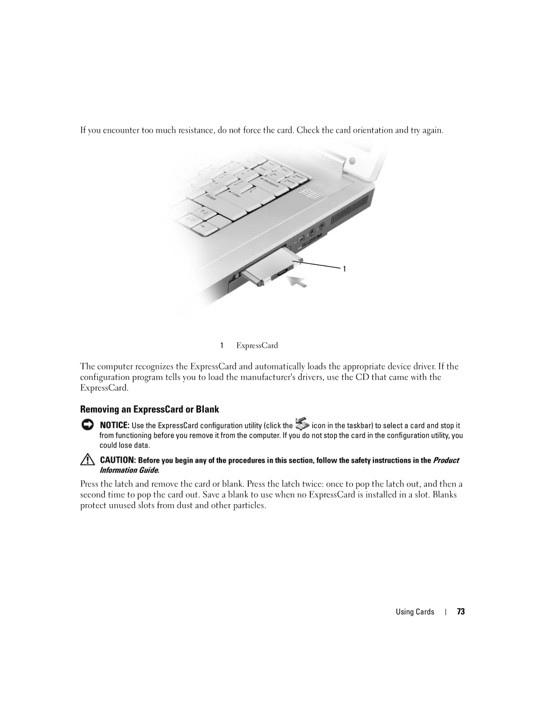 Dell M1710, PP05XB owner manual Removing an ExpressCard or Blank 