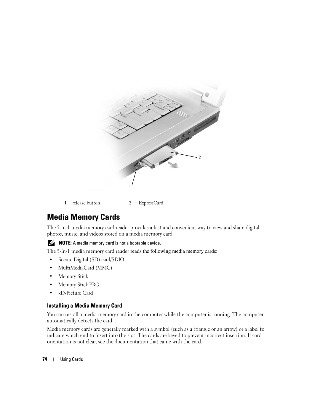 Dell PP05XB, M1710 owner manual Media Memory Cards, Installing a Media Memory Card 