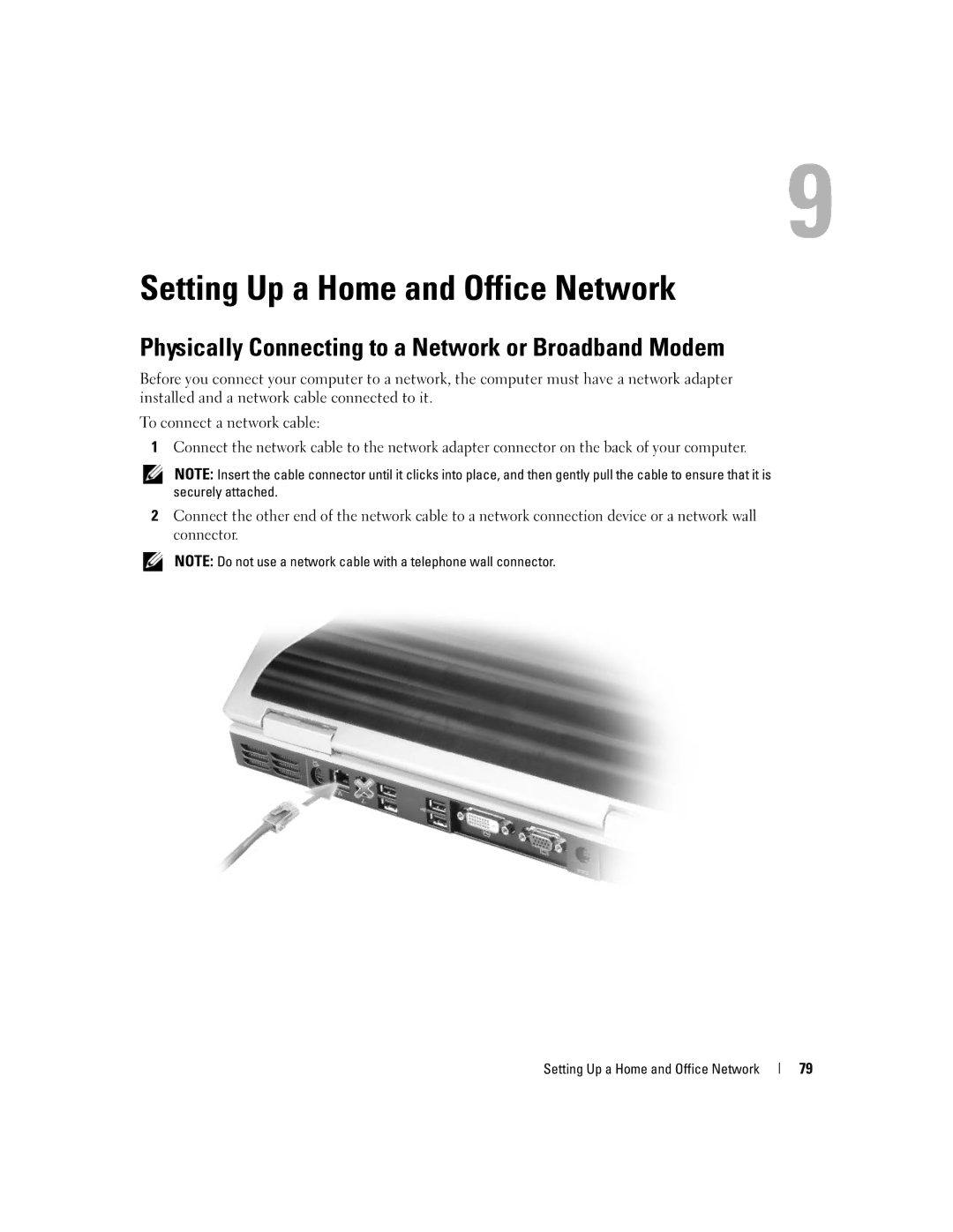 Dell M1710, PP05XB owner manual Setting Up a Home and Office Network, Physically Connecting to a Network or Broadband Modem 