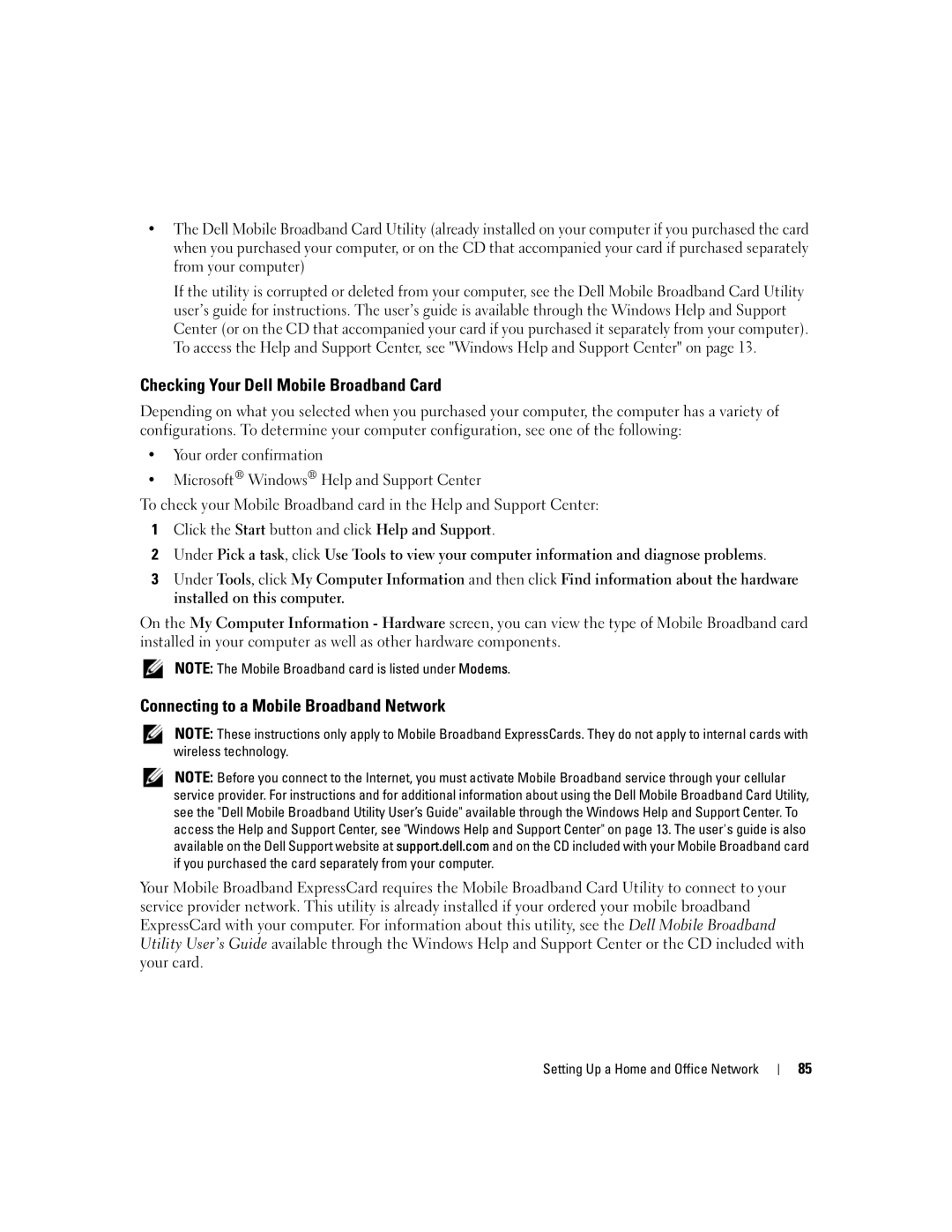 Dell M1710, PP05XB owner manual Checking Your Dell Mobile Broadband Card, Connecting to a Mobile Broadband Network 