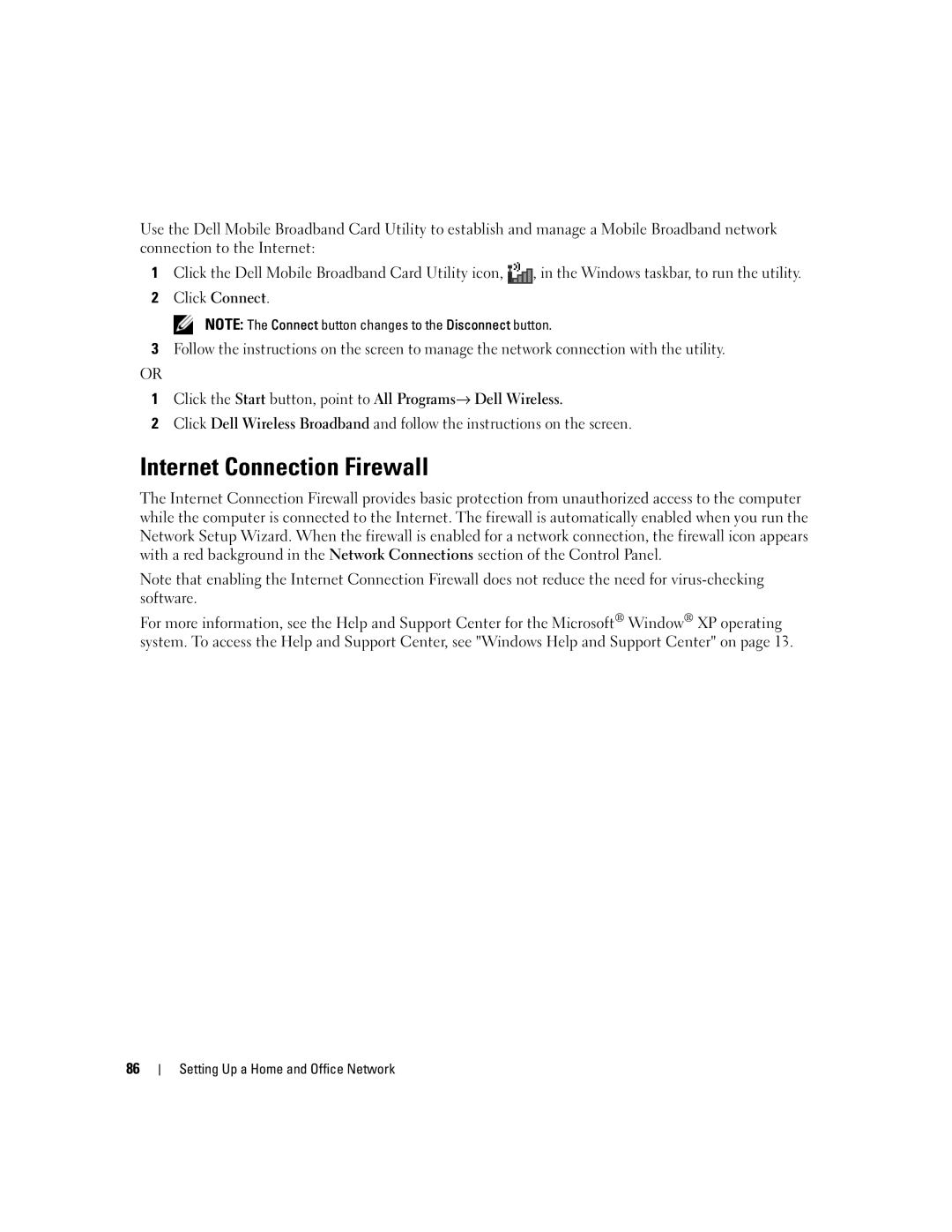 Dell PP05XB, M1710 owner manual Internet Connection Firewall, Click the Start button, point to All Programs→ Dell Wireless 