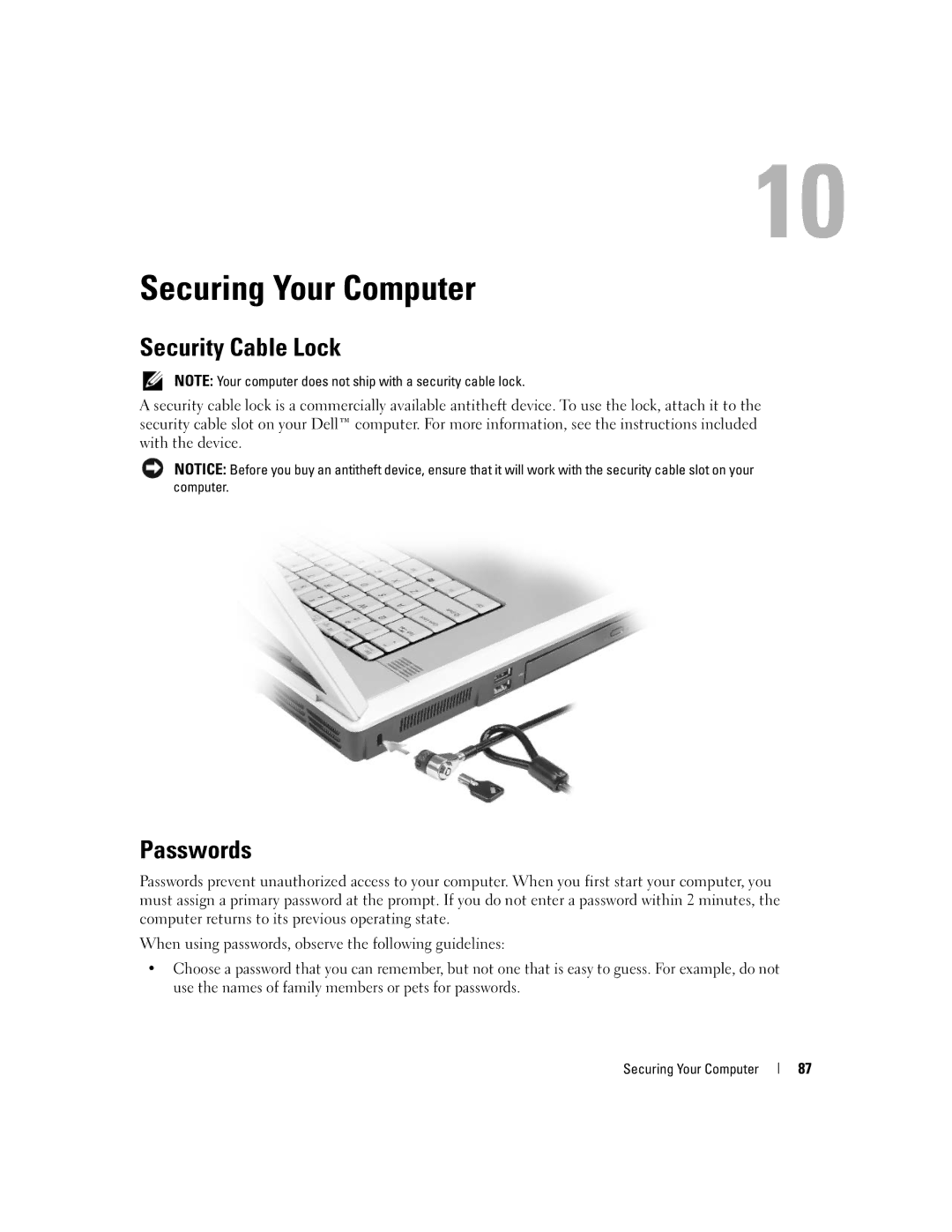 Dell M1710, PP05XB owner manual Securing Your Computer, Security Cable Lock, Passwords 