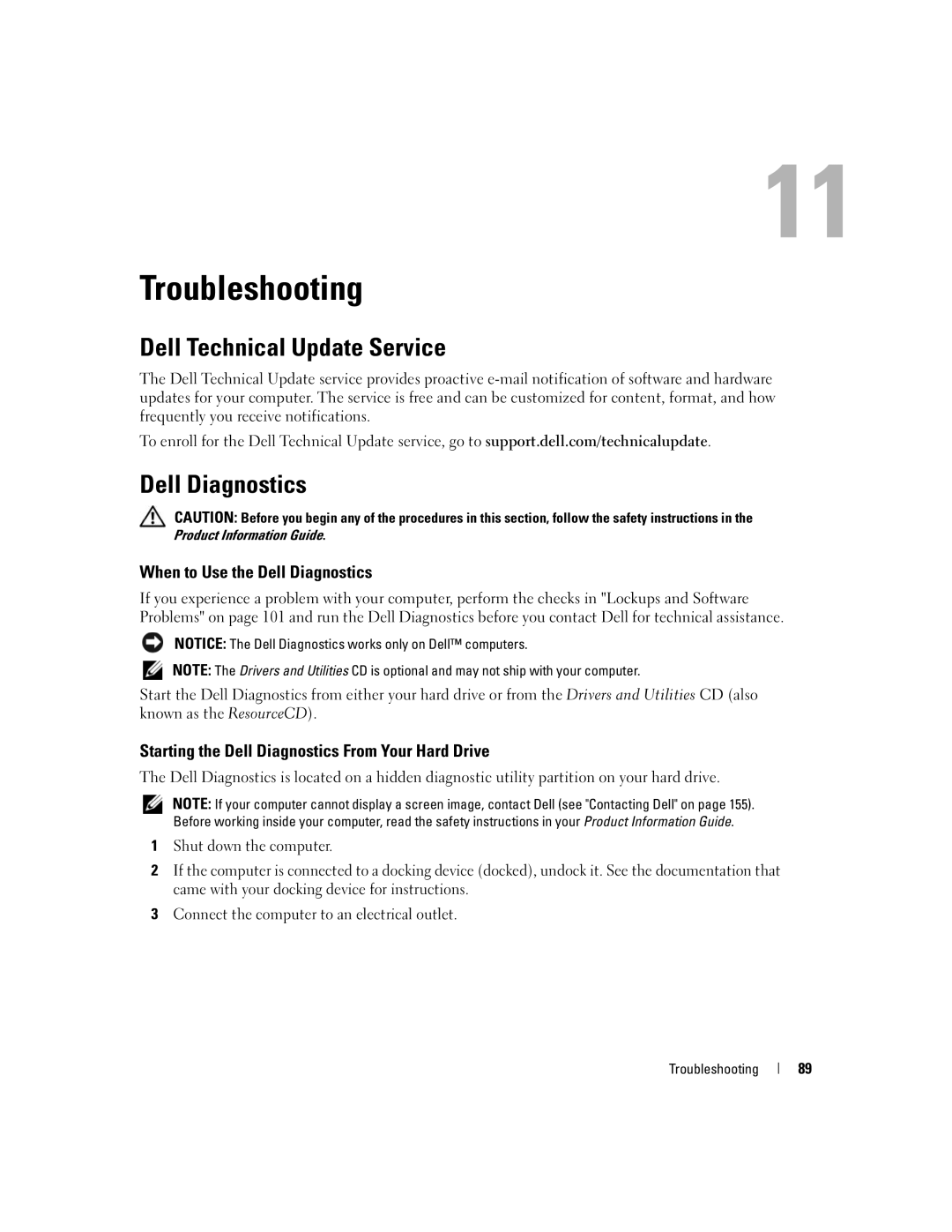 Dell M1710, PP05XB owner manual Troubleshooting, Dell Technical Update Service, When to Use the Dell Diagnostics 