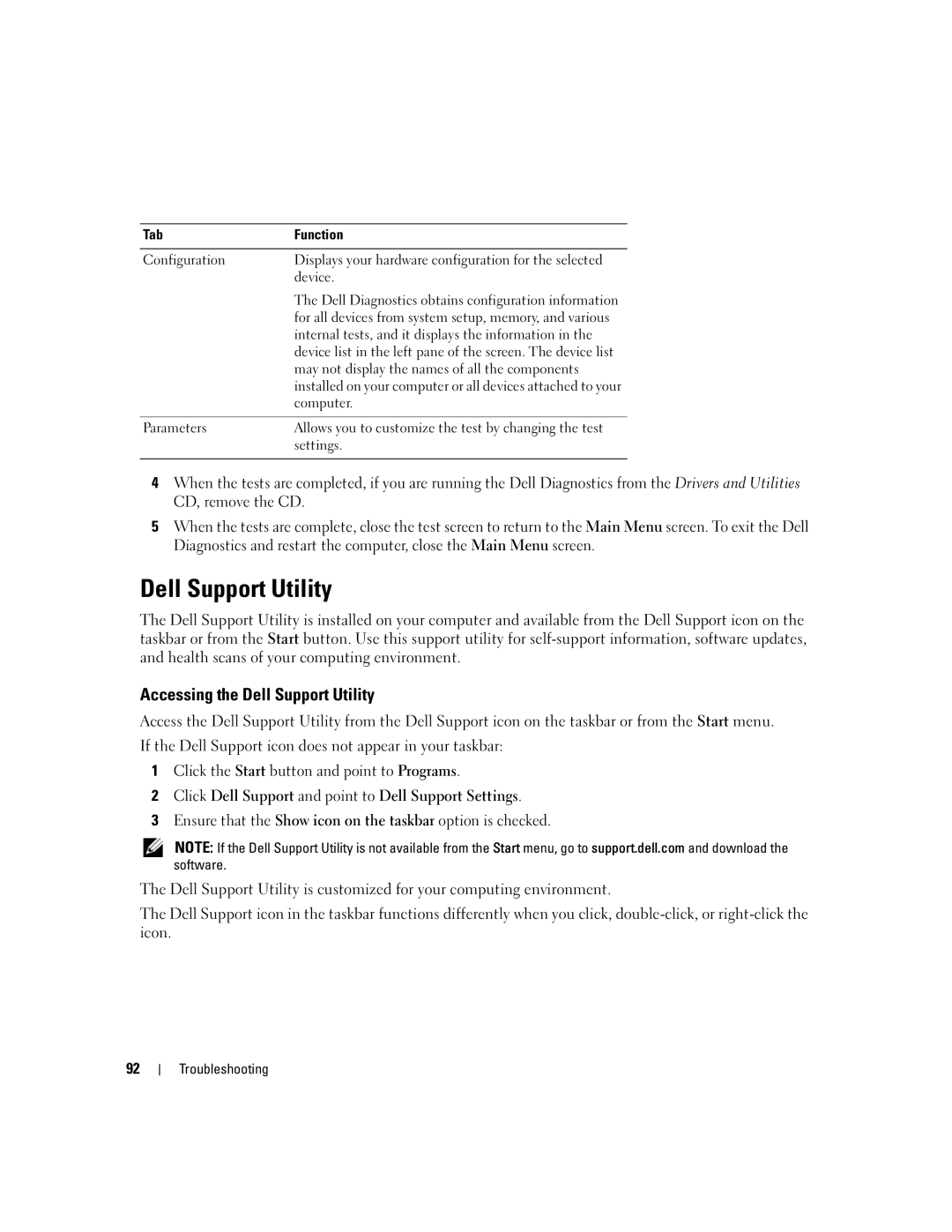 Dell PP05XB, M1710 Accessing the Dell Support Utility, Click Dell Support and point to Dell Support Settings 