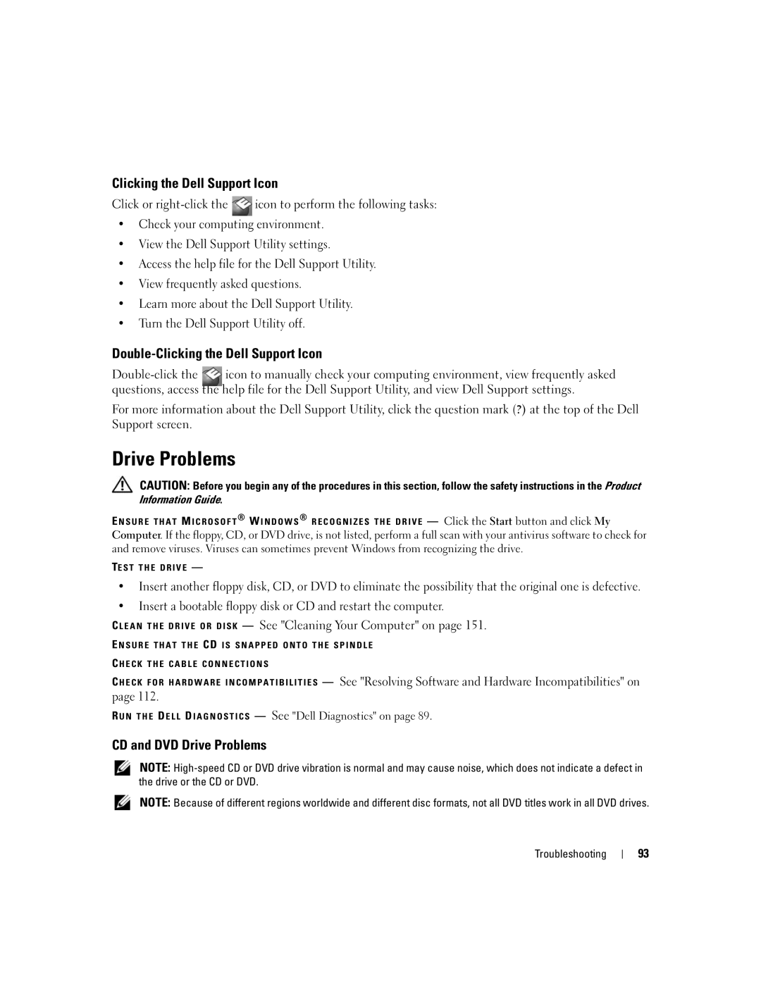 Dell M1710, PP05XB owner manual Double-Clicking the Dell Support Icon, CD and DVD Drive Problems 