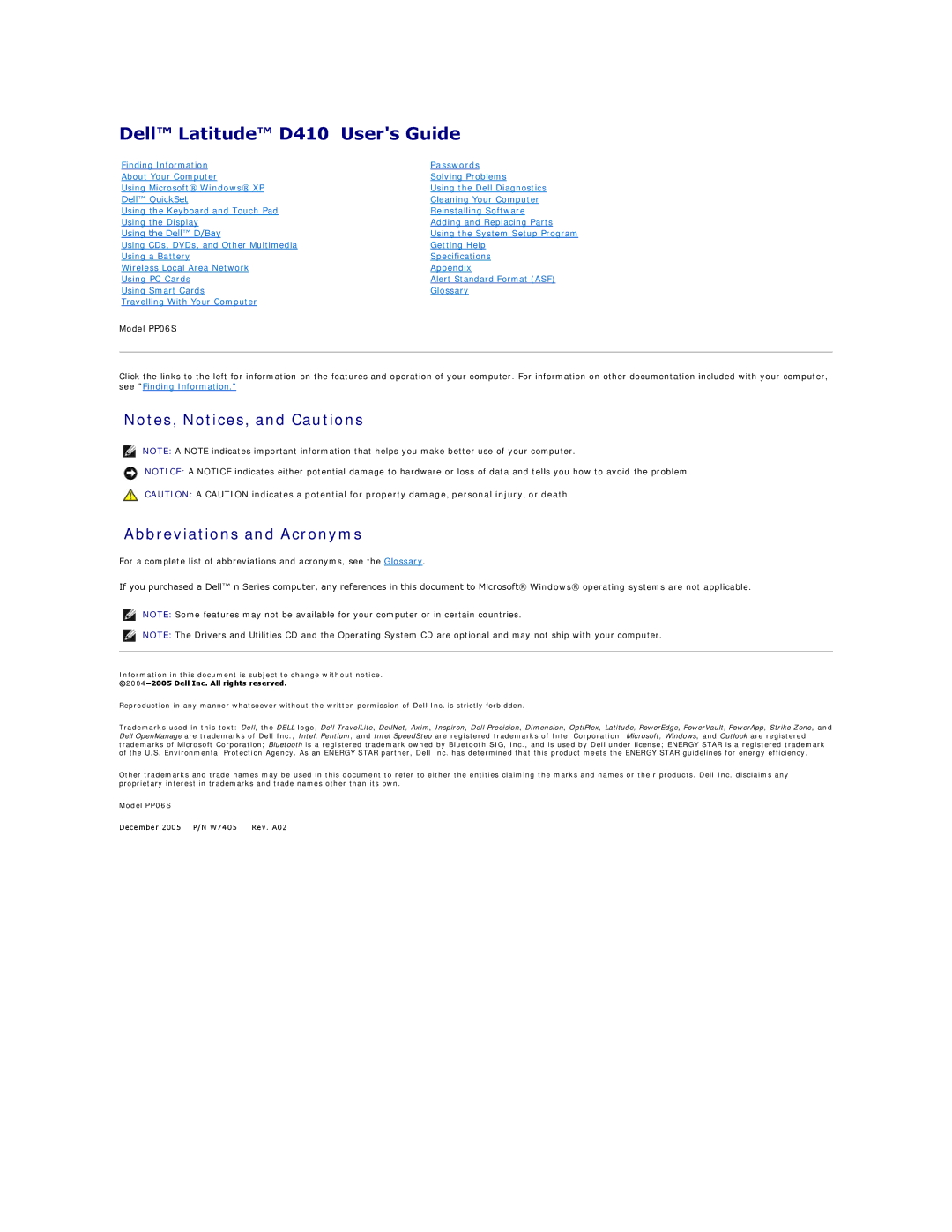 Dell PP06S specifications Dell Latitude D410 Users Guide, Abbreviations and Acronyms 