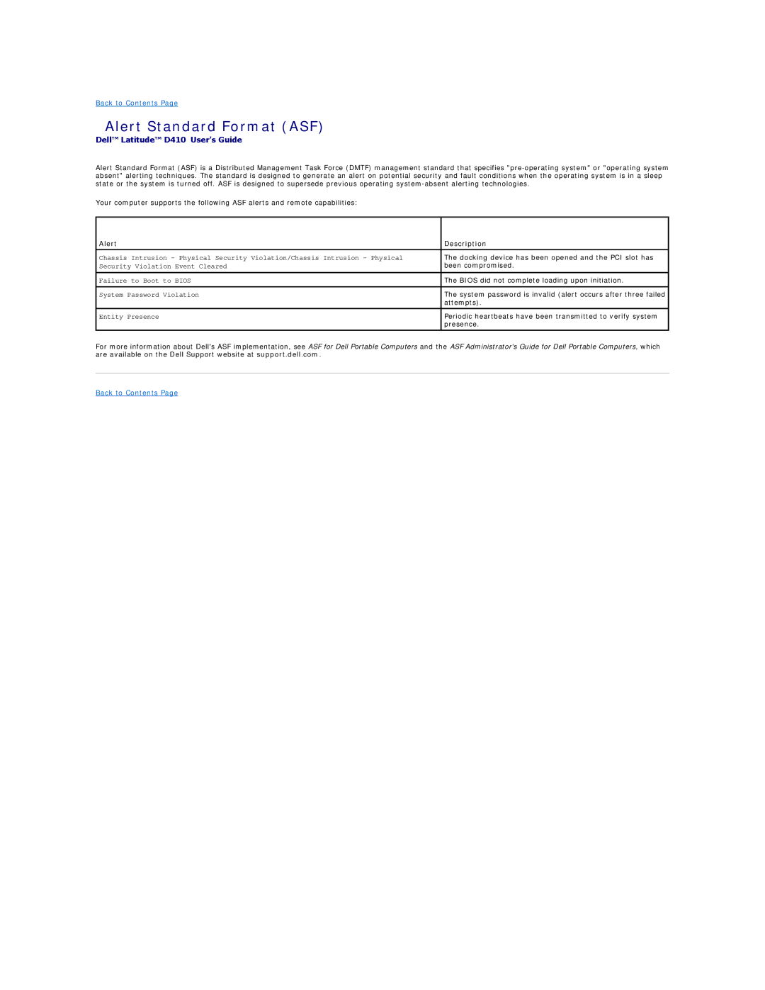 Dell PP06S, D410 specifications Alert Standard Format ASF, Alert Description 