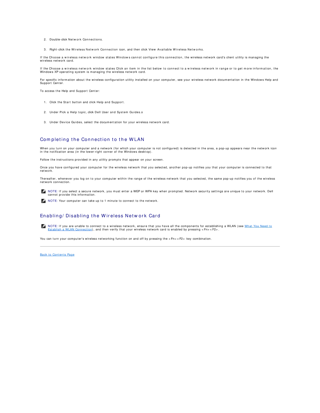 Dell D410, PP06S specifications Completing the Connection to the Wlan, Enabling/Disabling the Wireless Network Card 