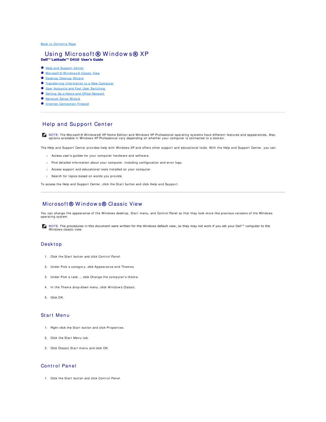 Dell PP06S, D410 specifications Using Microsoft Windows XP, Help and Support Center, Microsoft Windows Classic View 