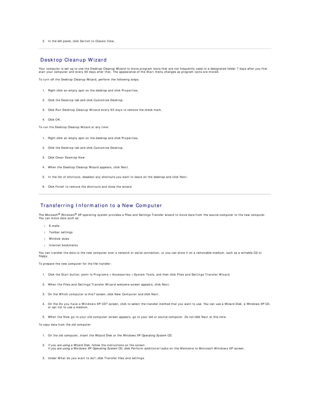 Dell D410, PP06S specifications Desktop Cleanup Wizard, Transferring Information to a New Computer, Click Clean Desktop Now 