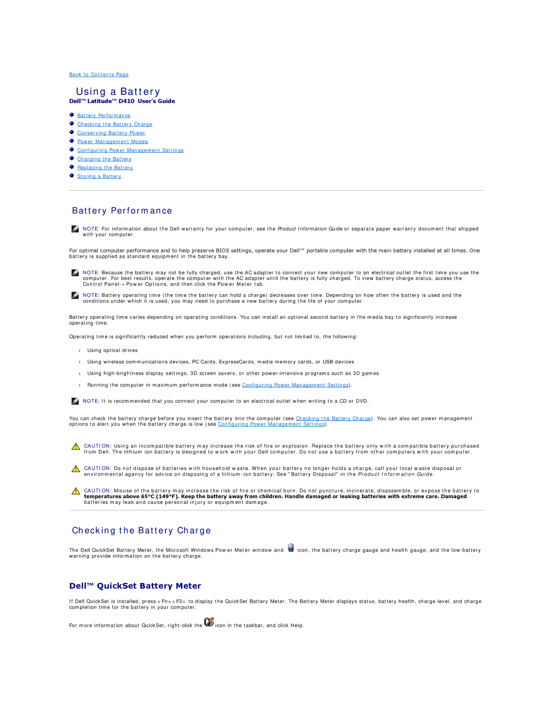 Dell D410, PP06S Using a Battery, Battery Performance, Checking the Battery Charge, Dell QuickSet Battery Meter 