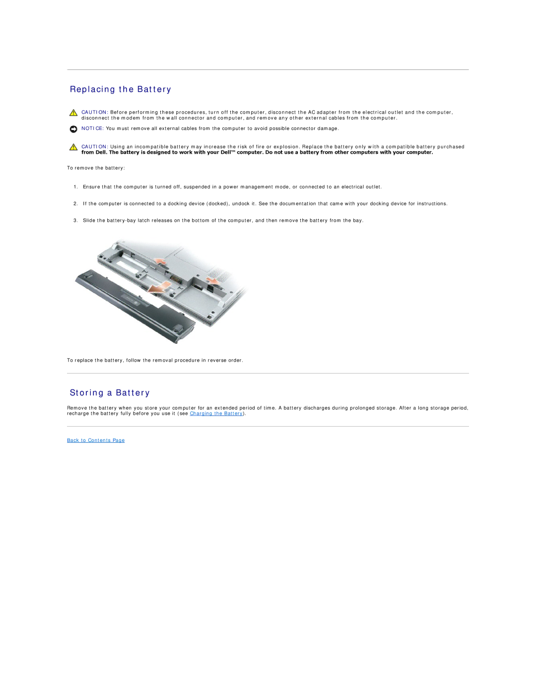 Dell PP06S, D410 specifications Replacing the Battery, Storing a Battery 