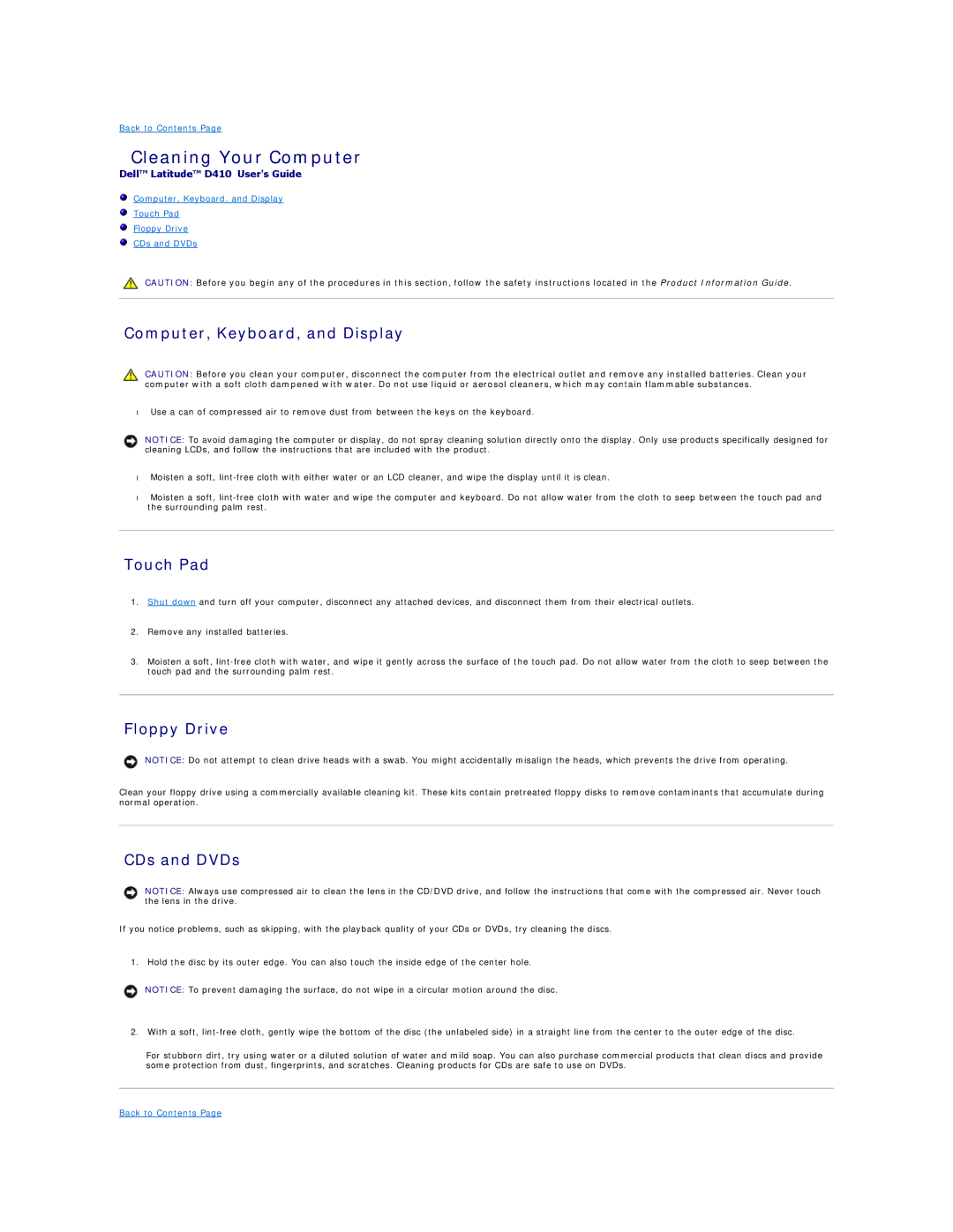 Dell D410, PP06S Cleaning Your Computer, Computer, Keyboard, and Display, Touch Pad, Floppy Drive, CDs and DVDs 