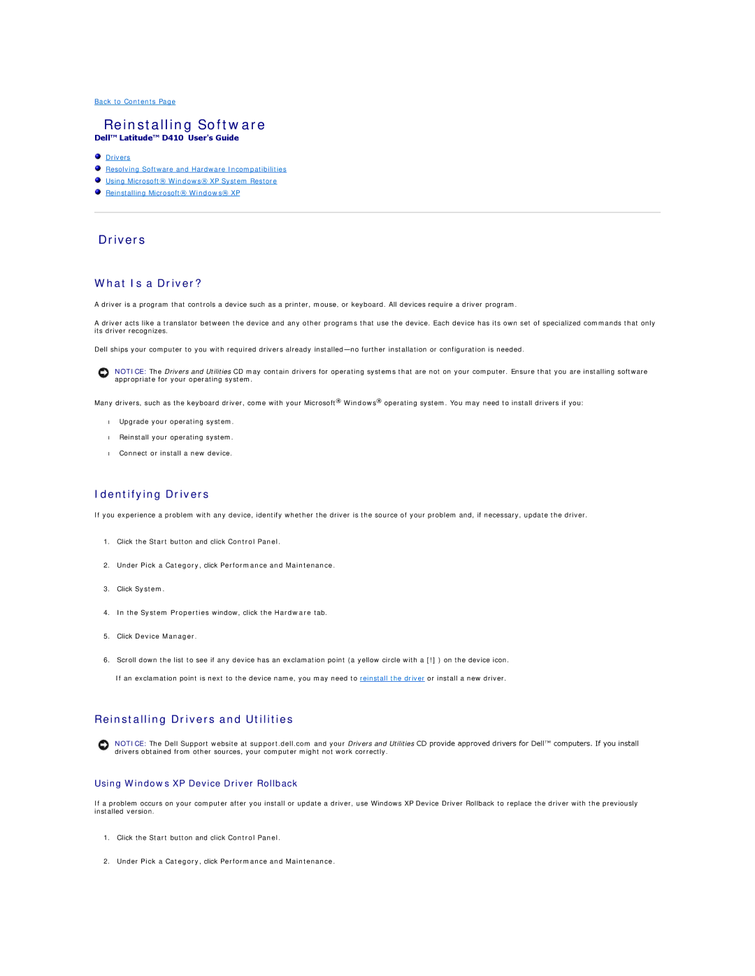 Dell PP06S, D410 Reinstalling Software, What Is a Driver?, Identifying Drivers, Reinstalling Drivers and Utilities 