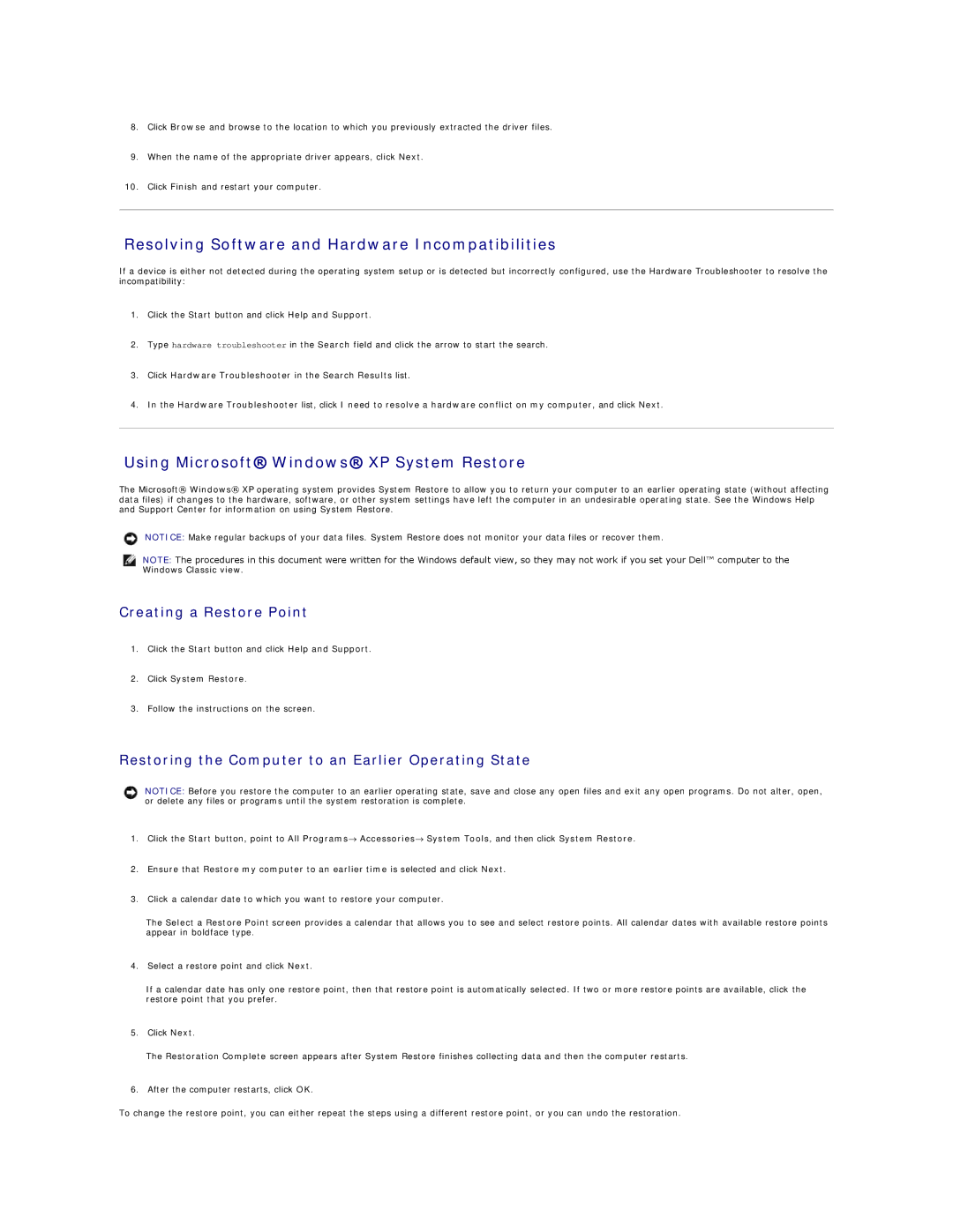 Dell PP06S, D410 specifications Resolving Software and Hardware Incompatibilities, Using Microsoft Windows XP System Restore 