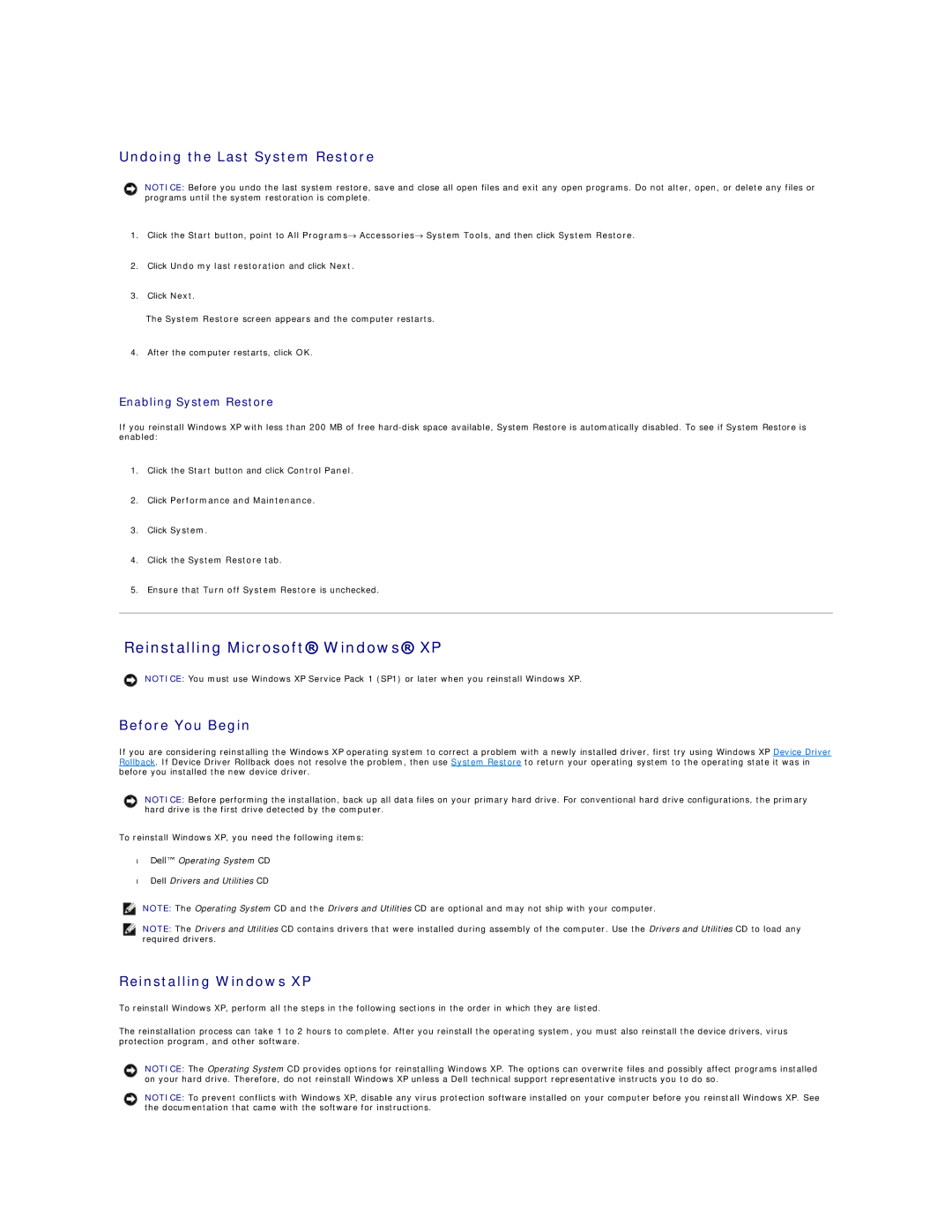 Dell D410 Reinstalling Microsoft Windows XP, Undoing the Last System Restore, Before You Begin, Reinstalling Windows XP 