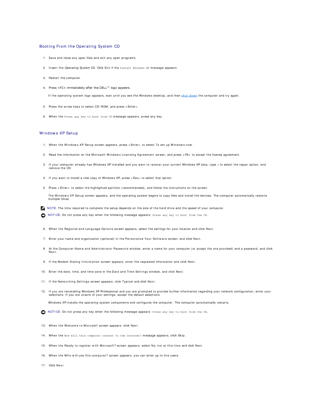 Dell PP06S, D410 specifications Booting From the Operating System CD, Windows XP Setup 