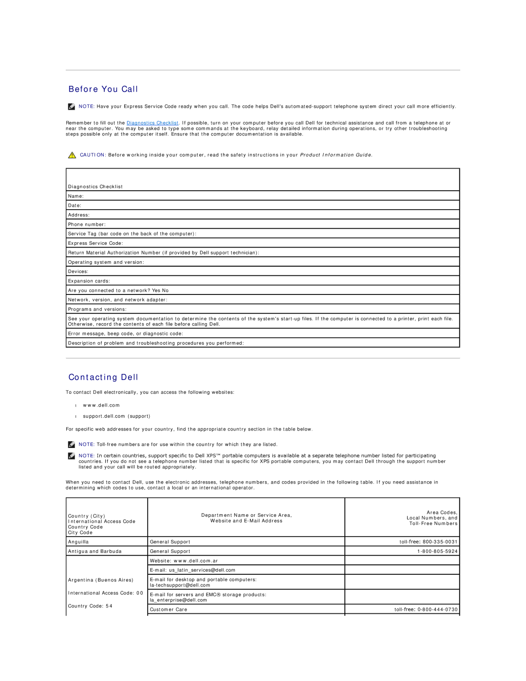 Dell D410, PP06S Before You Call, Contacting Dell, Diagnostics Checklist, Antigua and Barbuda, Argentina Buenos Aires 