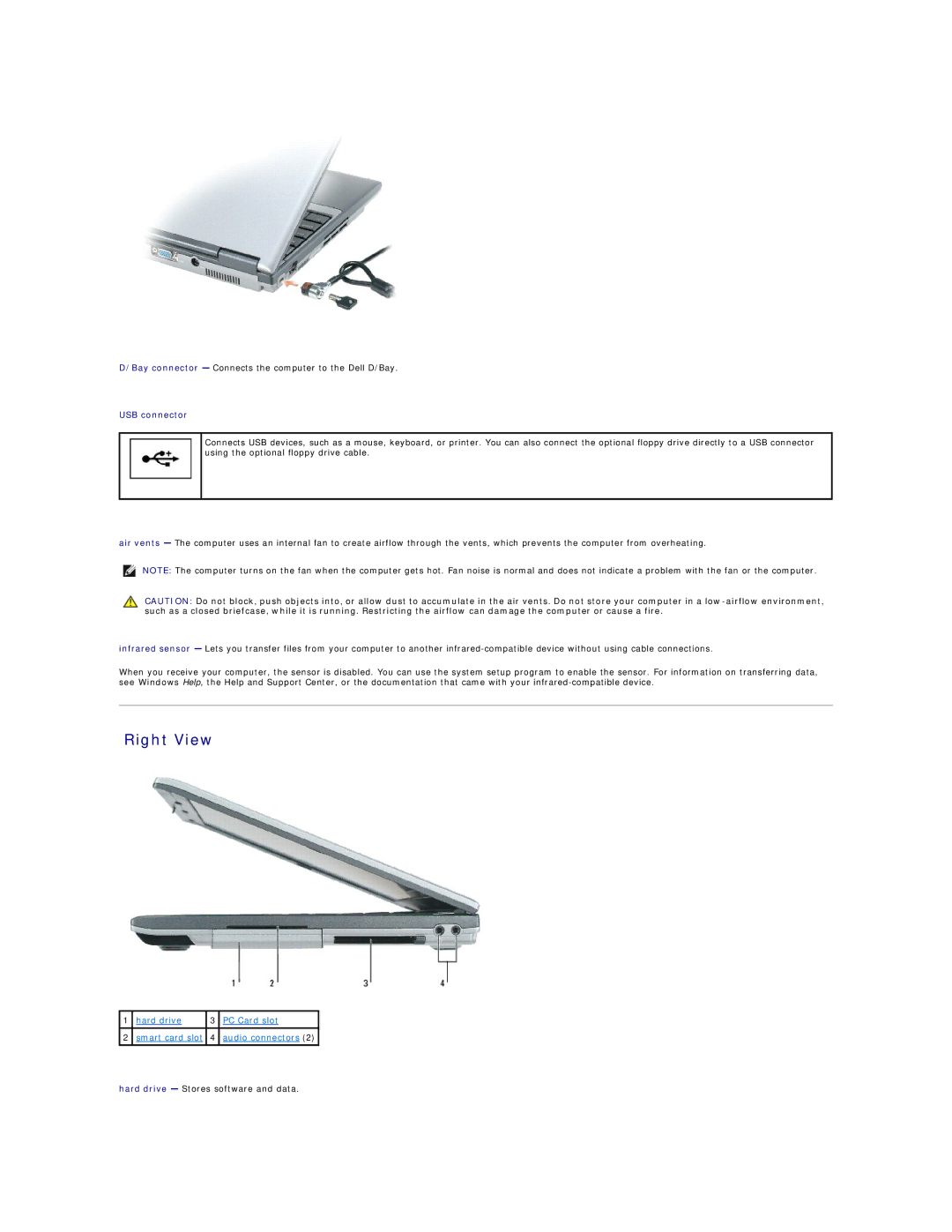 Dell D410, PP06S specifications Right View, USB connector 