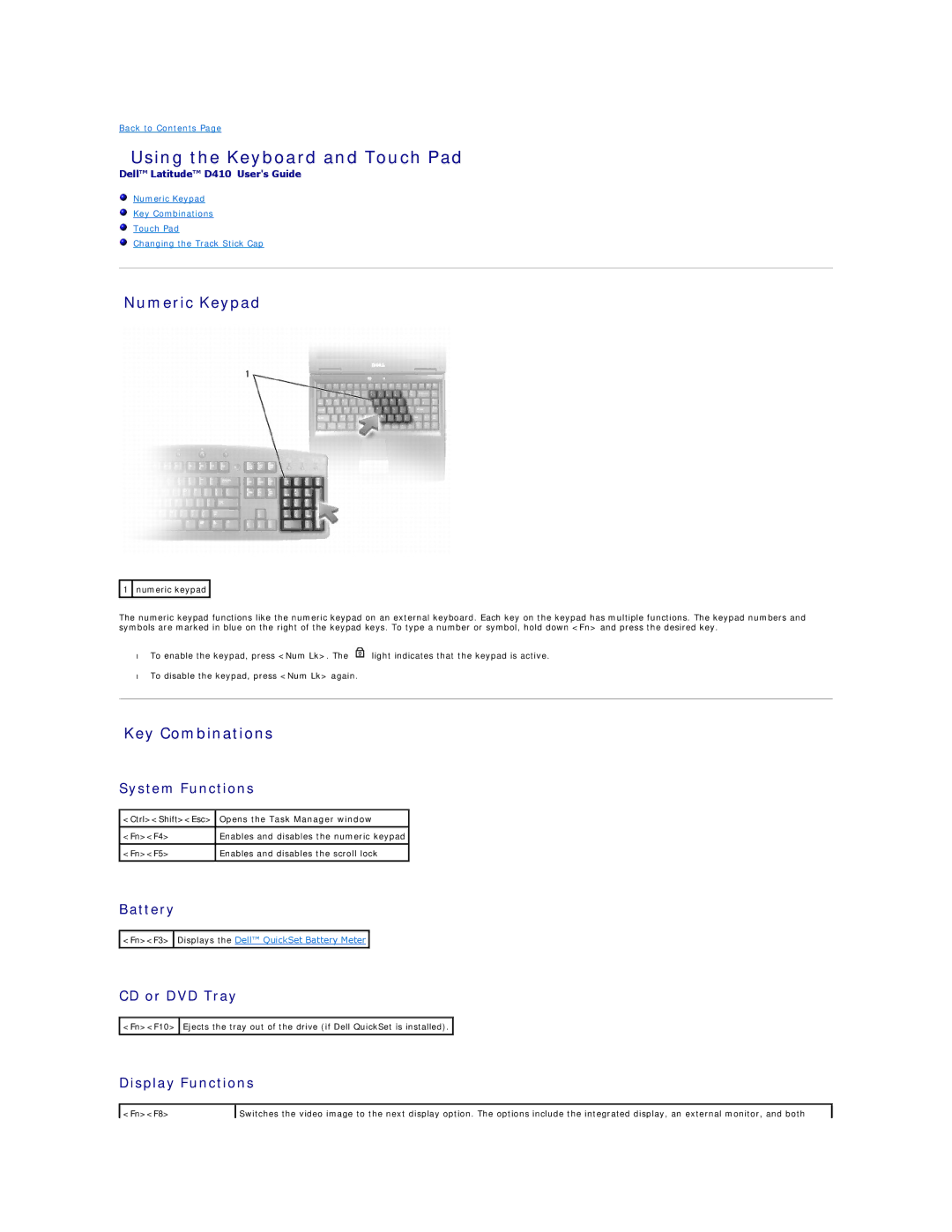 Dell PP06S, D410 specifications Using the Keyboard and Touch Pad, Numeric Keypad, Key Combinations 