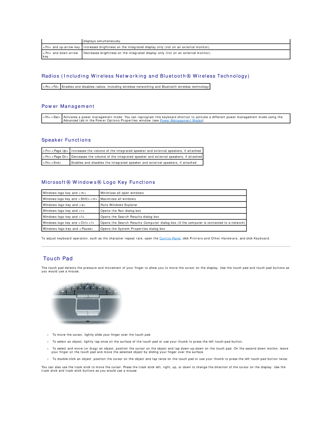 Dell D410, PP06S specifications Power Management, Speaker Functions, Microsoft Windows Logo Key Functions 